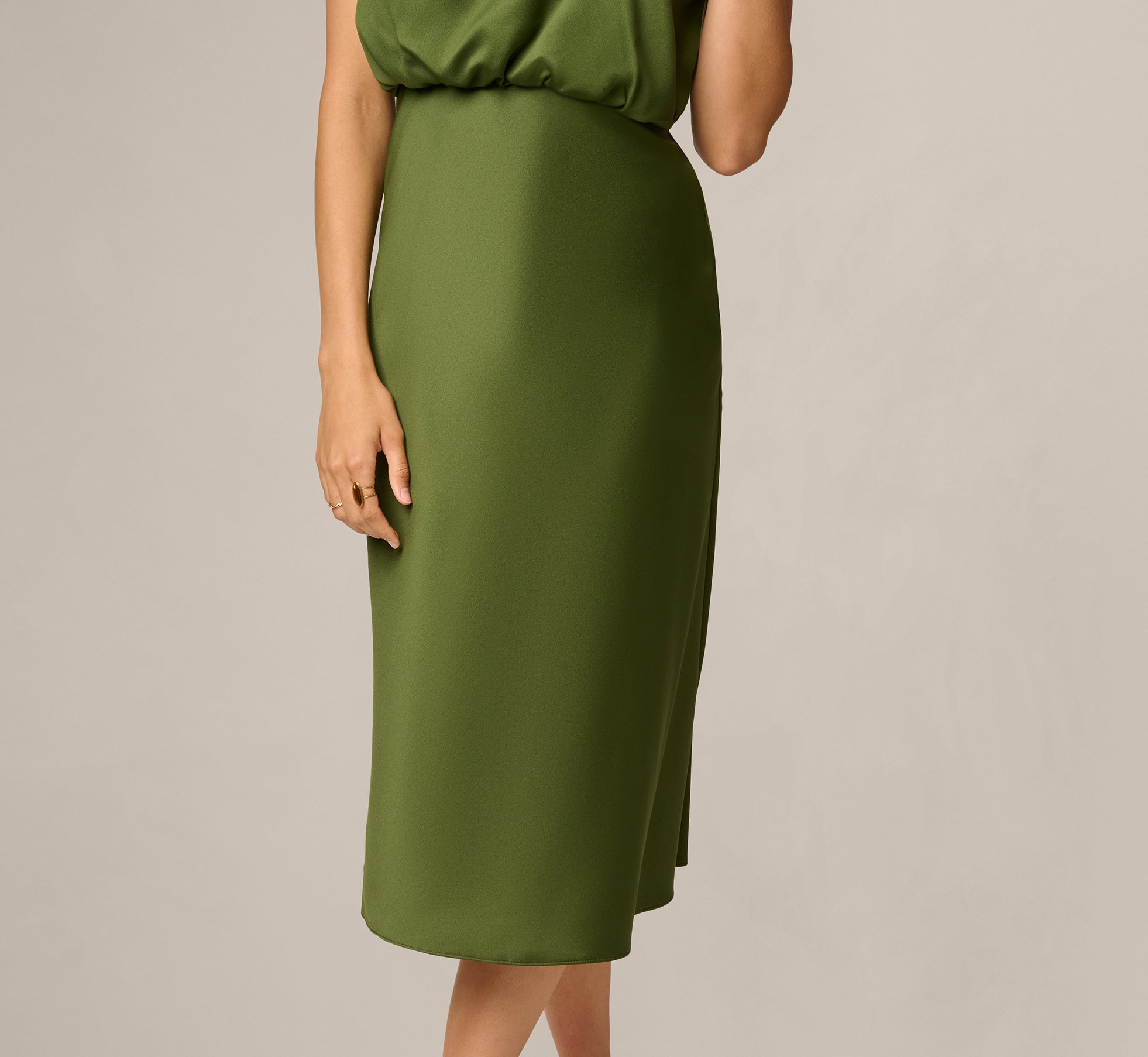 Satin Blouson Halter Midi Dress In Olive Cypress