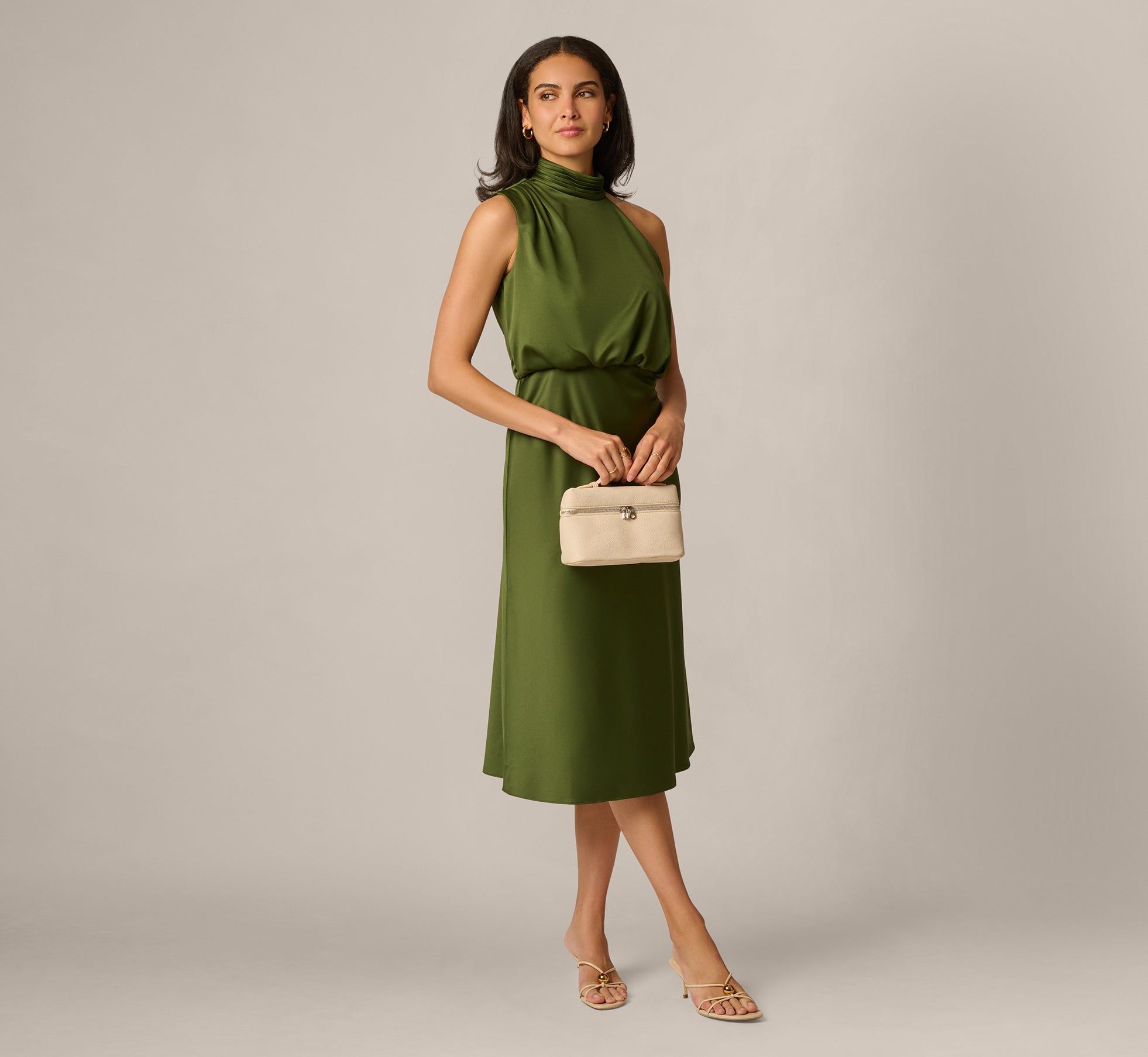 Satin Blouson Halter Midi Dress In Olive Cypress