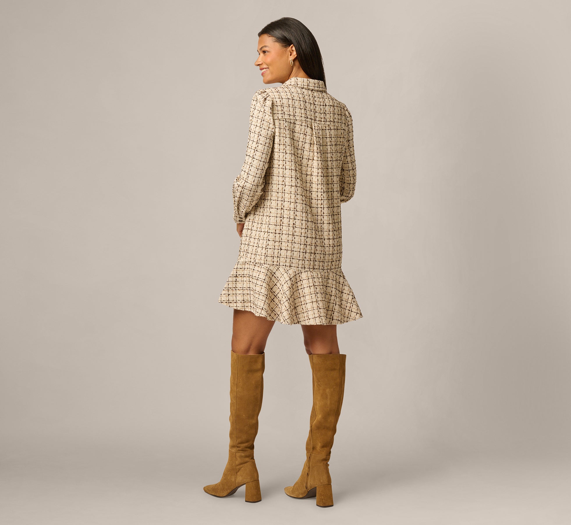 Long Sleeve Tweed Short Hailey Dress In Parchment