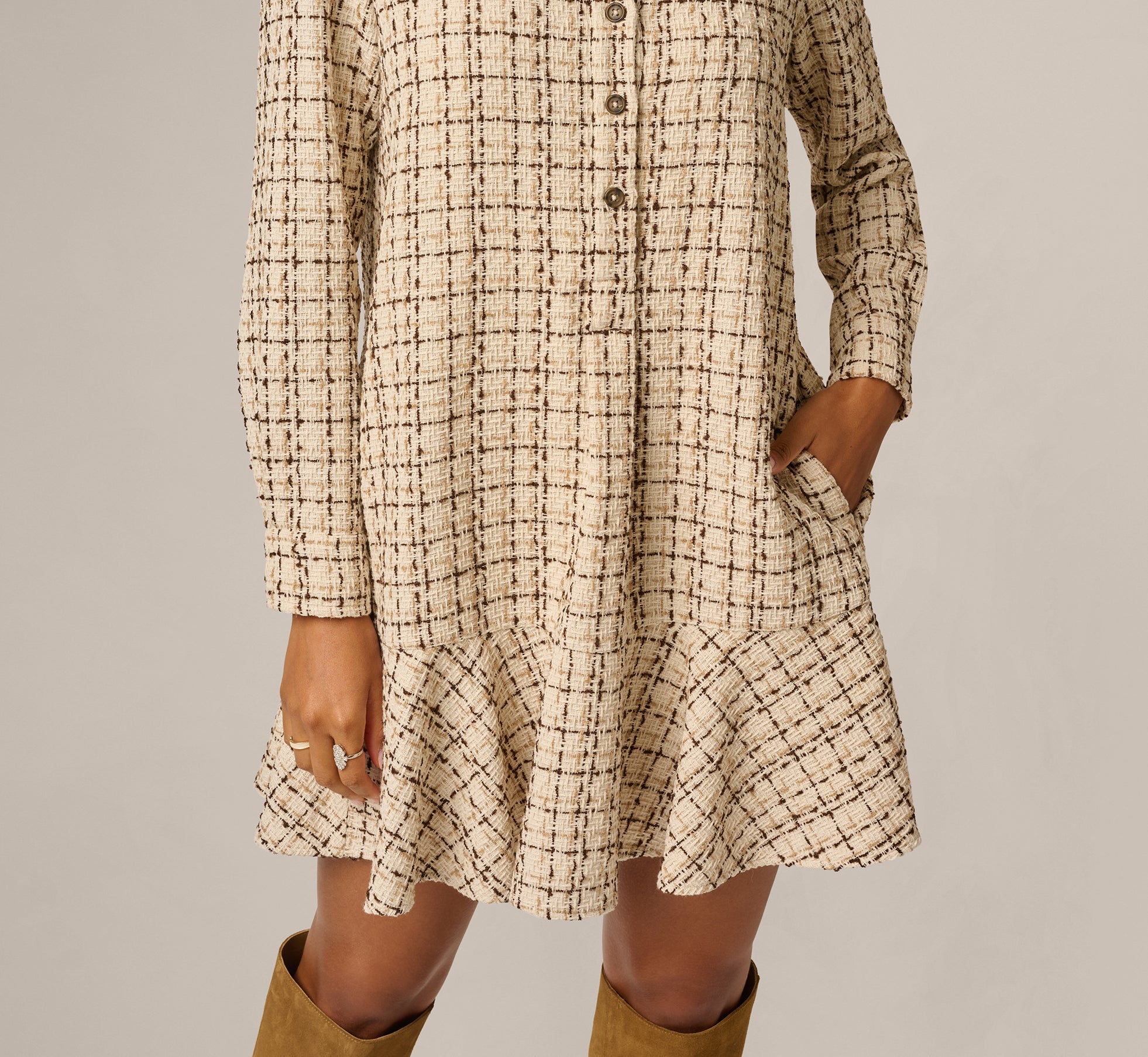 Long Sleeve Tweed Short Hailey Dress In Parchment