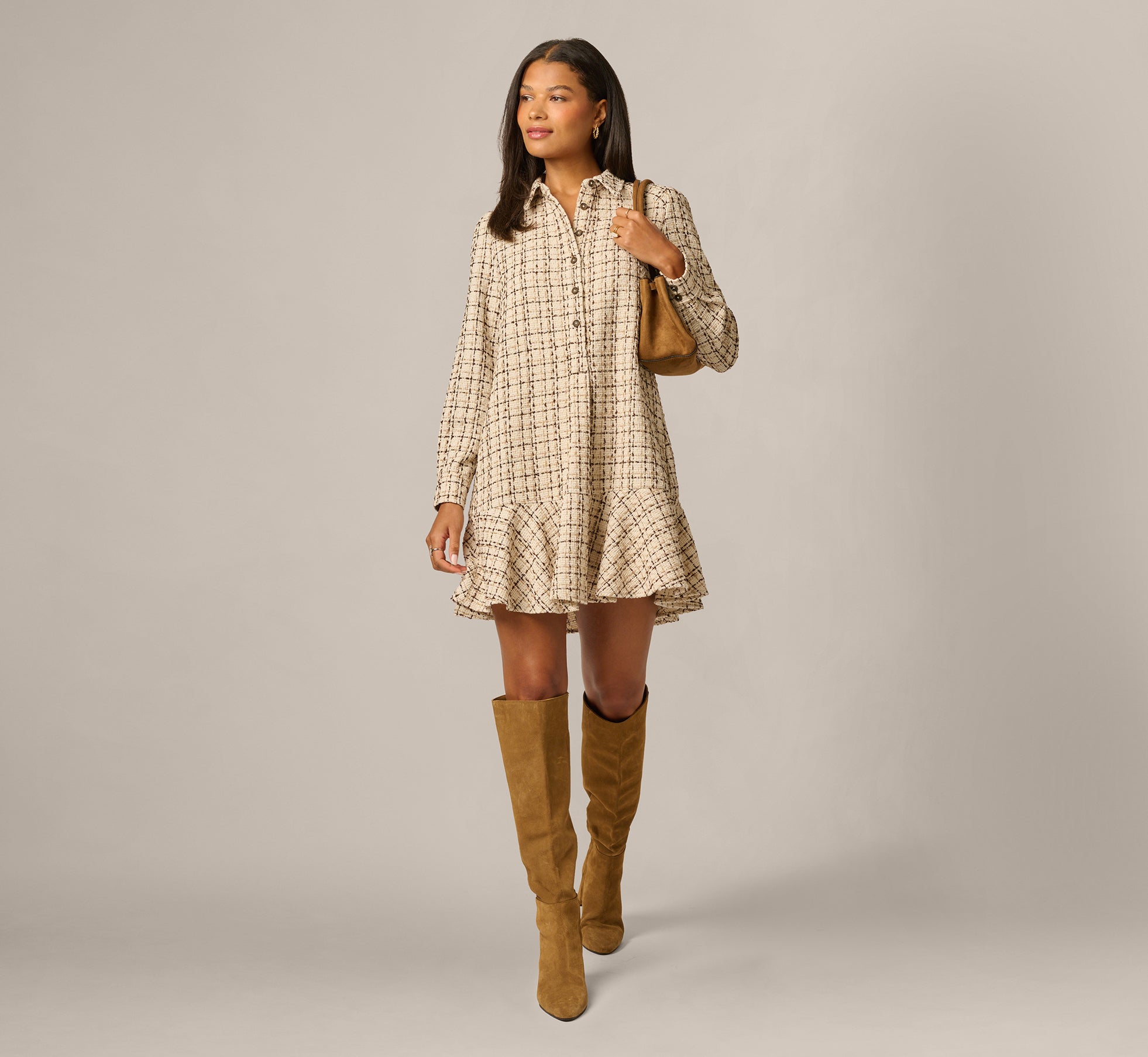 Long Sleeve Tweed Short Hailey Dress In Parchment