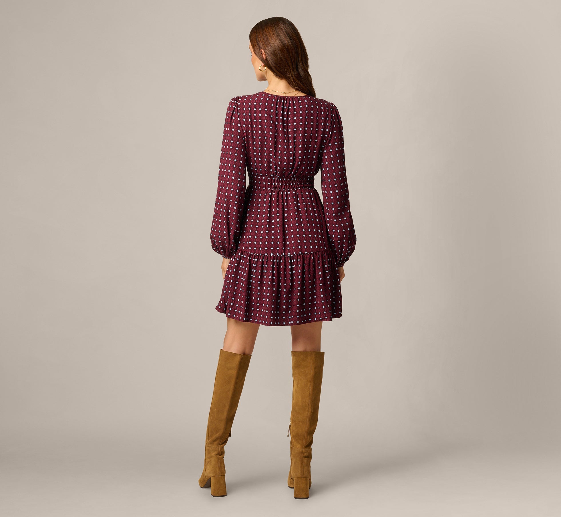 Long Sleeve Geo Printed Short Sophia Dress In Cherry Multi