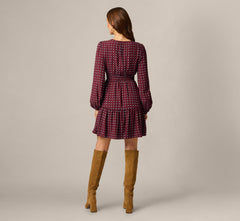 Long Sleeve Geo Printed Short Sophia Dress In Cherry Multi