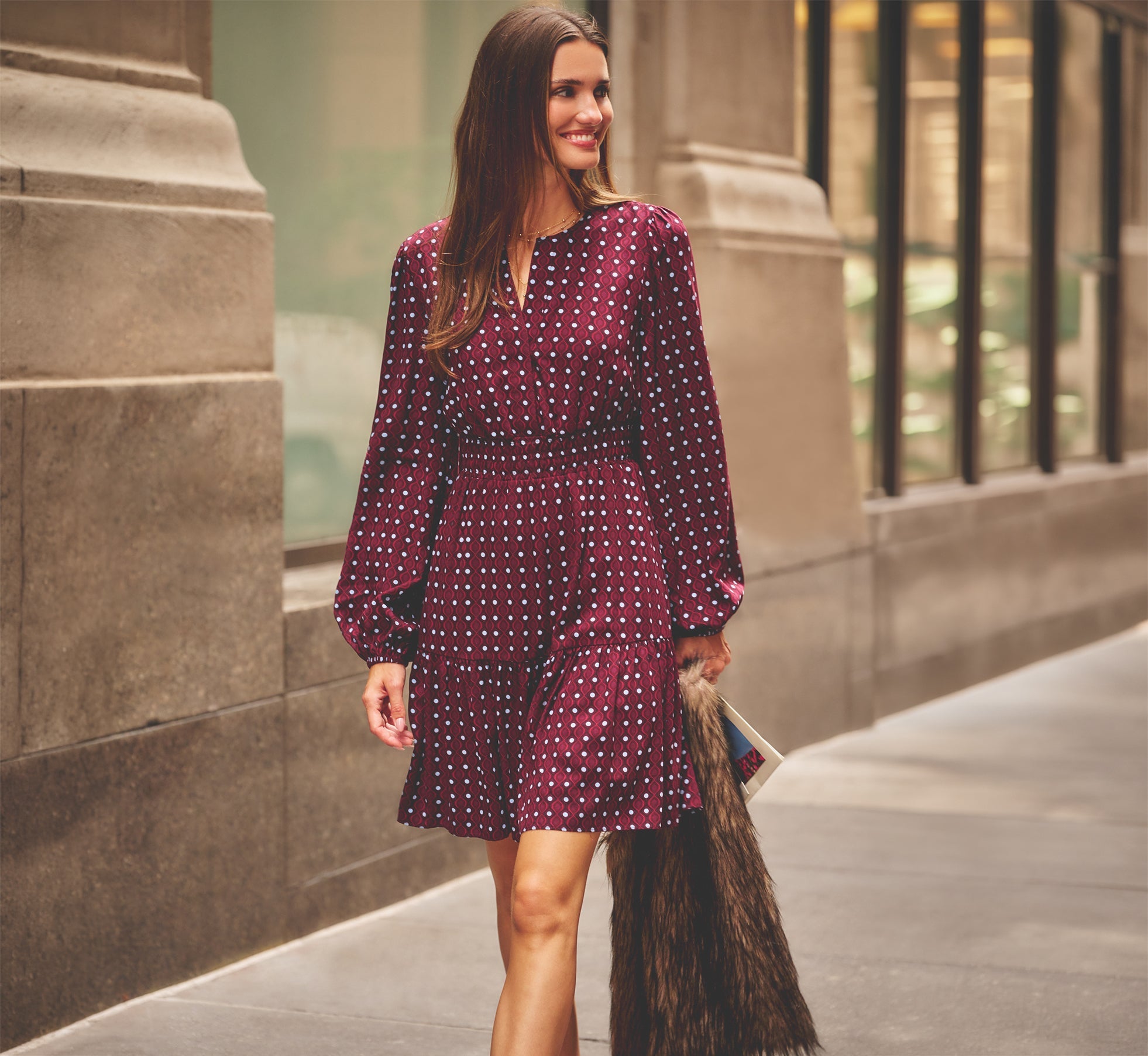 Long Sleeve Geo Printed Short Sophia Dress In Cherry Multi