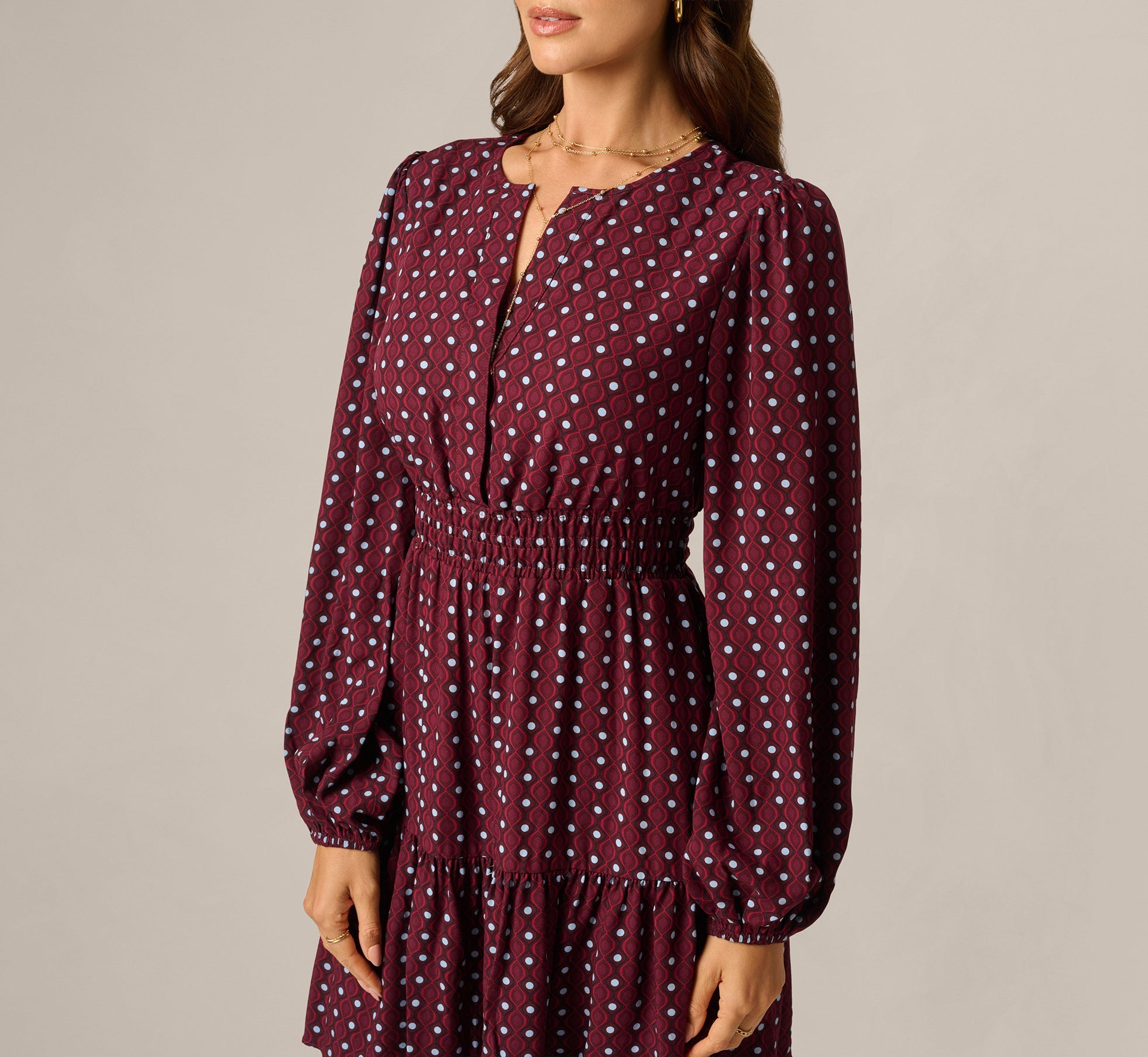 Long Sleeve Geo Printed Short Sophia Dress In Cherry Multi