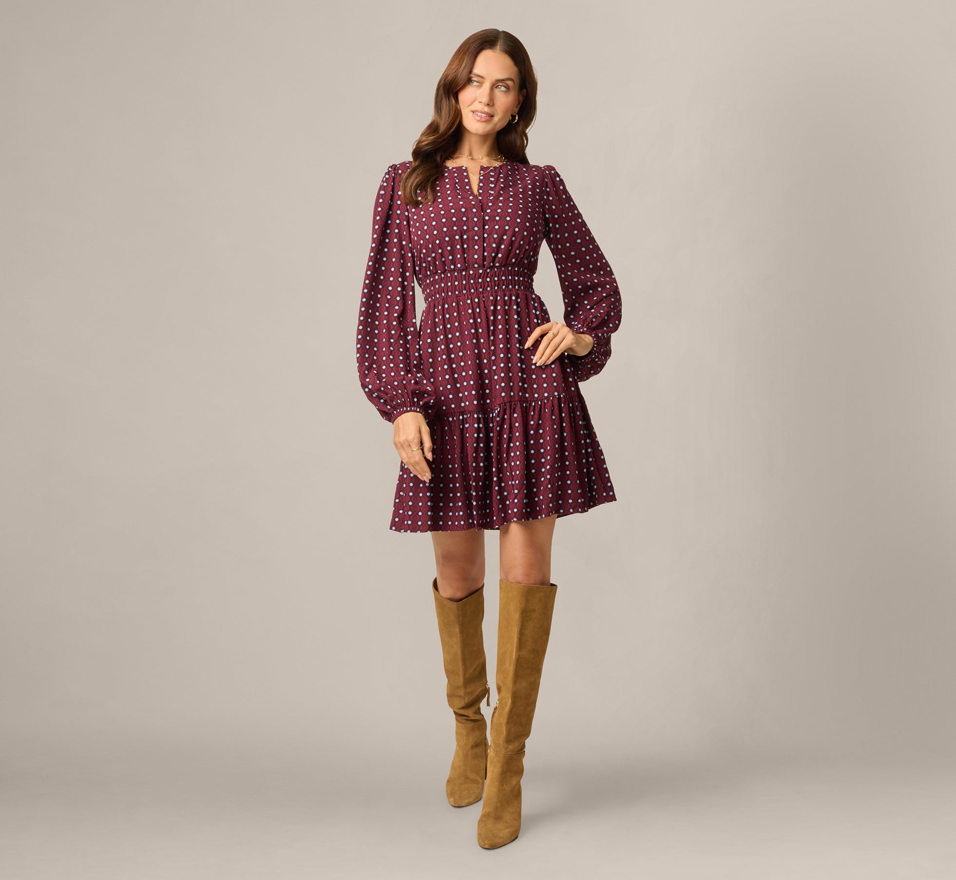 Long Sleeve Geo Printed Short Sophia Dress In Cherry Multi