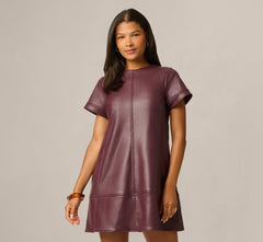 Short Sleeve Faux Leather Everyday Shift Dress In Black Cherry