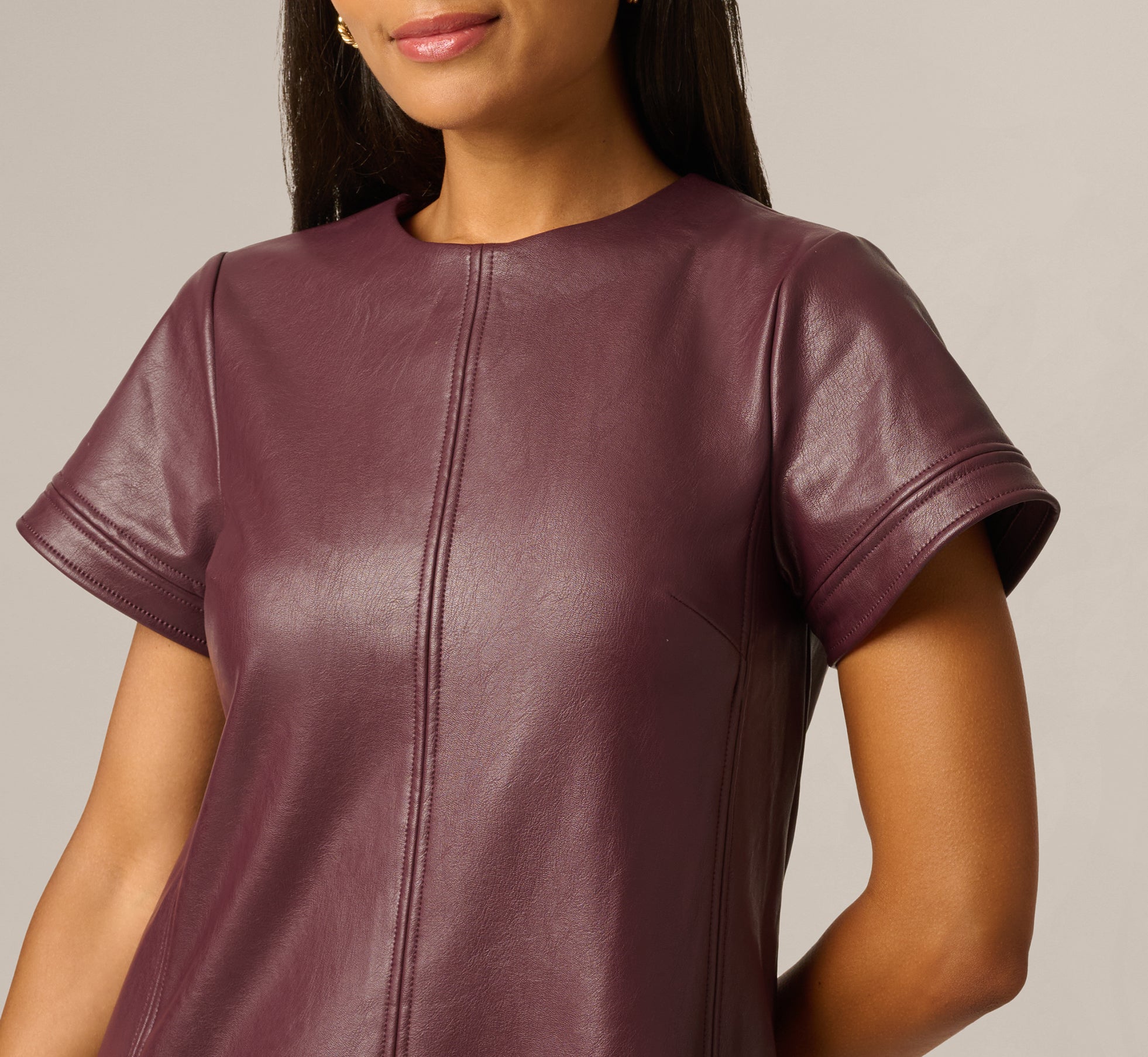 Short Sleeve Faux Leather Everyday Shift Dress In Black Cherry