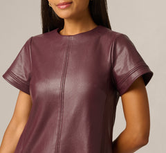 Short Sleeve Faux Leather Everyday Shift Dress In Black Cherry