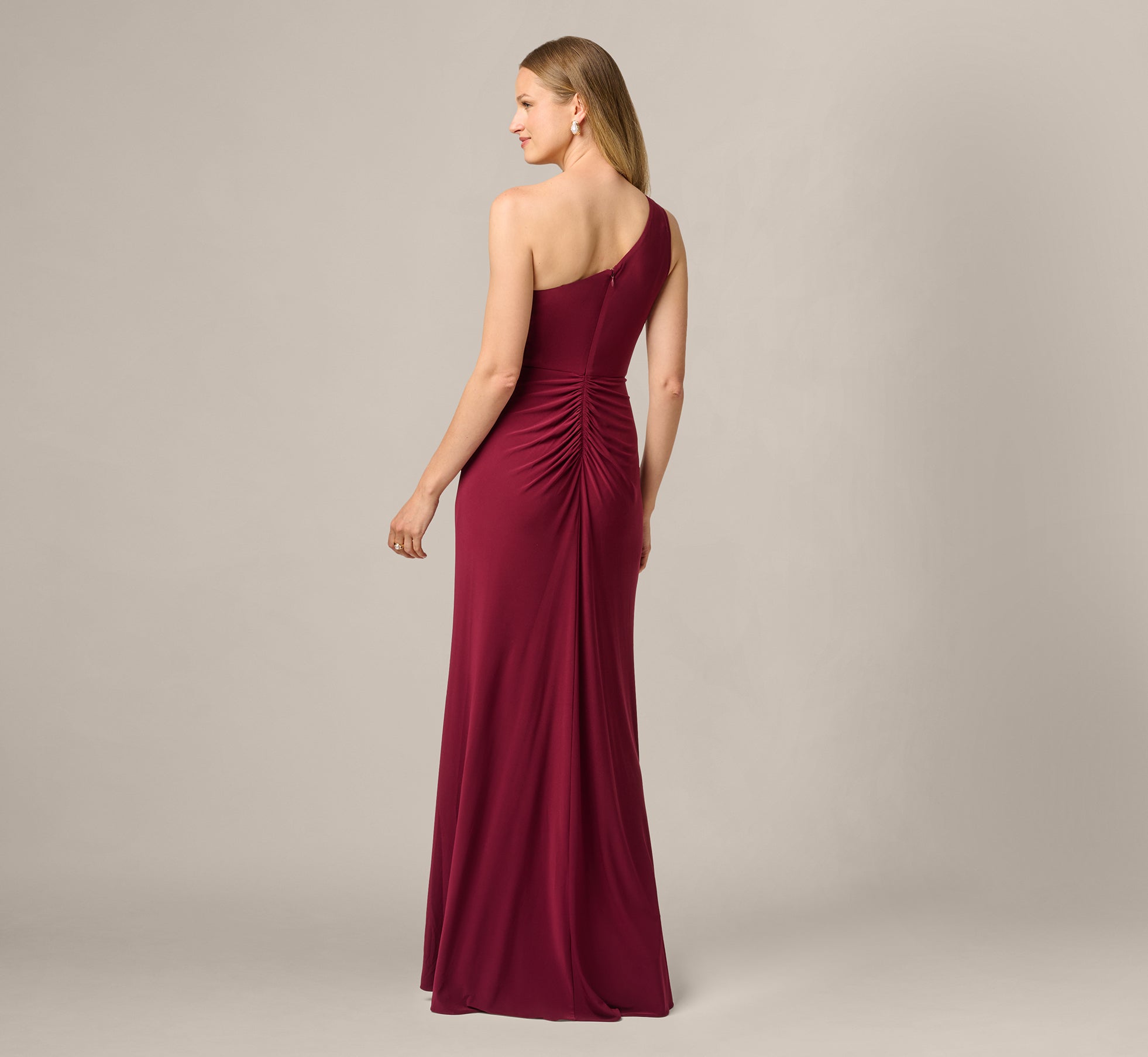 One Shoulder Dress With Draped Waist Detail In Red Wine