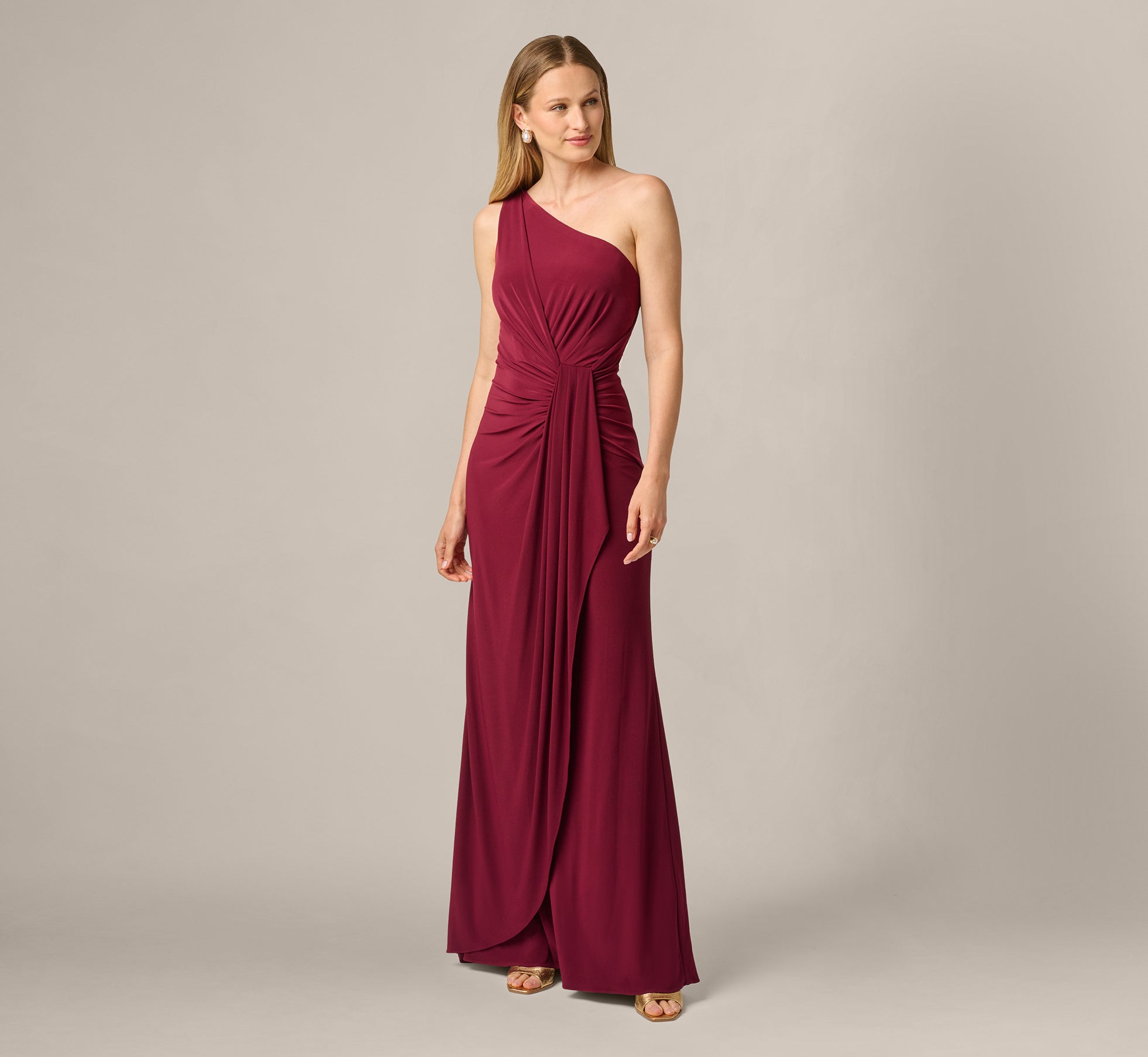 One Shoulder Dress With Draped Waist Detail In Red Wine