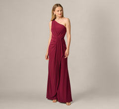 One Shoulder Dress With Draped Waist Detail In Red Wine