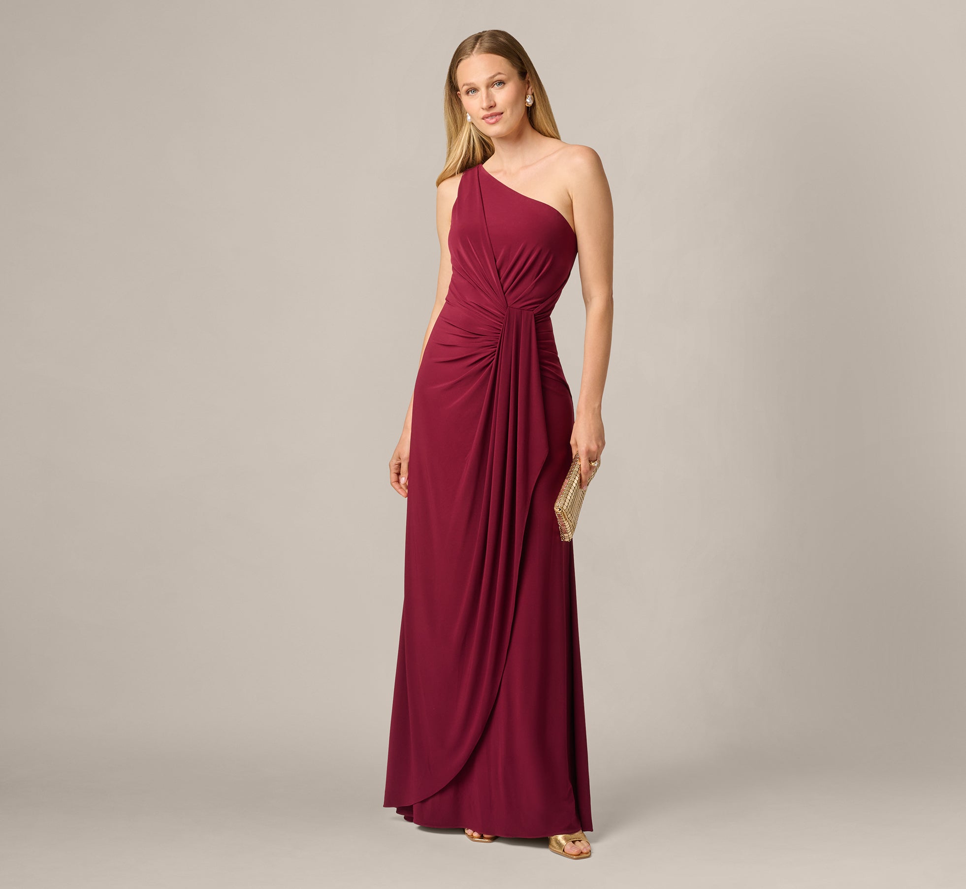 One Shoulder Dress With Draped Waist Detail In Red Wine