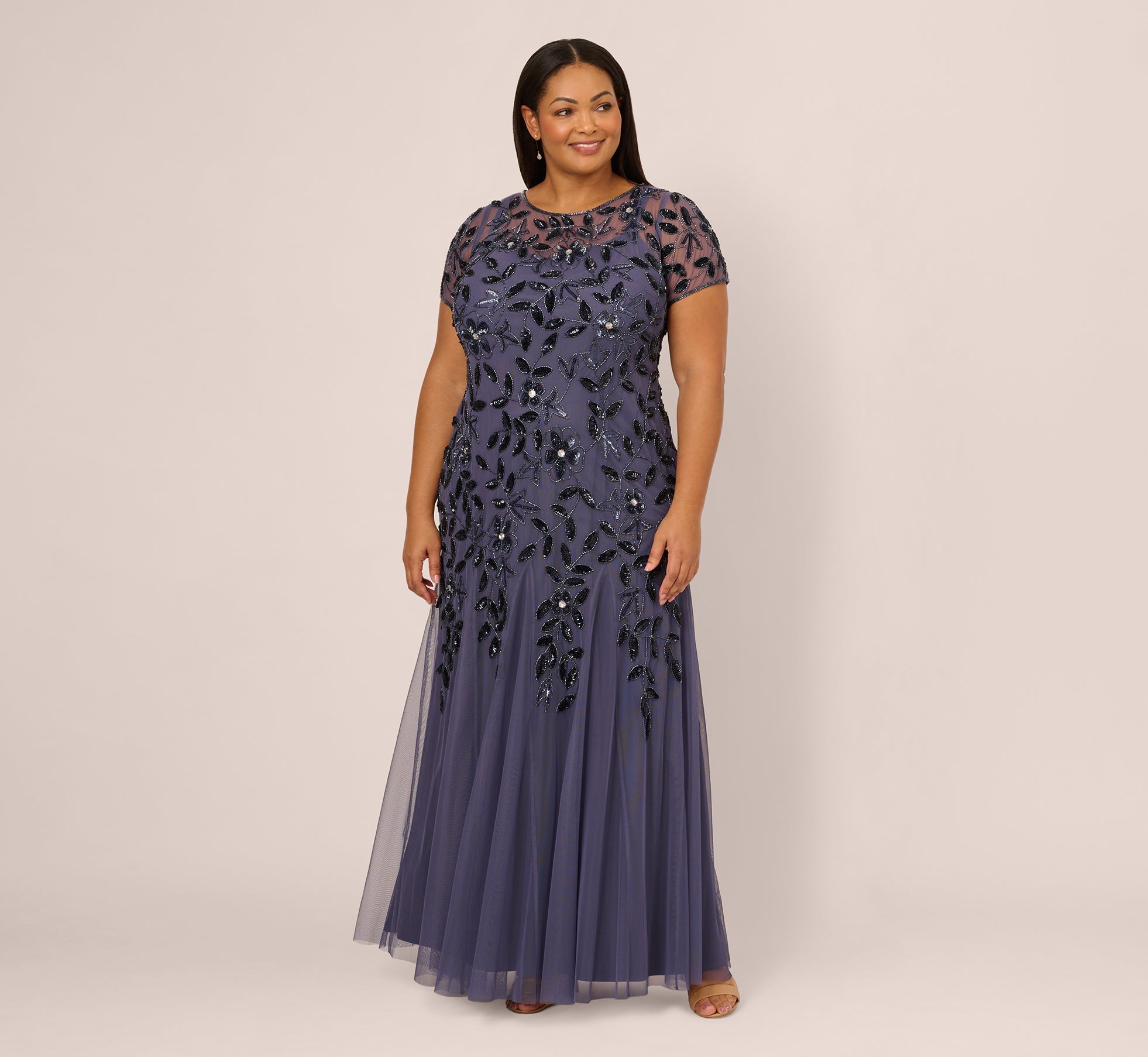 Plus Size Hand Beaded Short Sleeve Floral Godet Gown In Smoky Peri