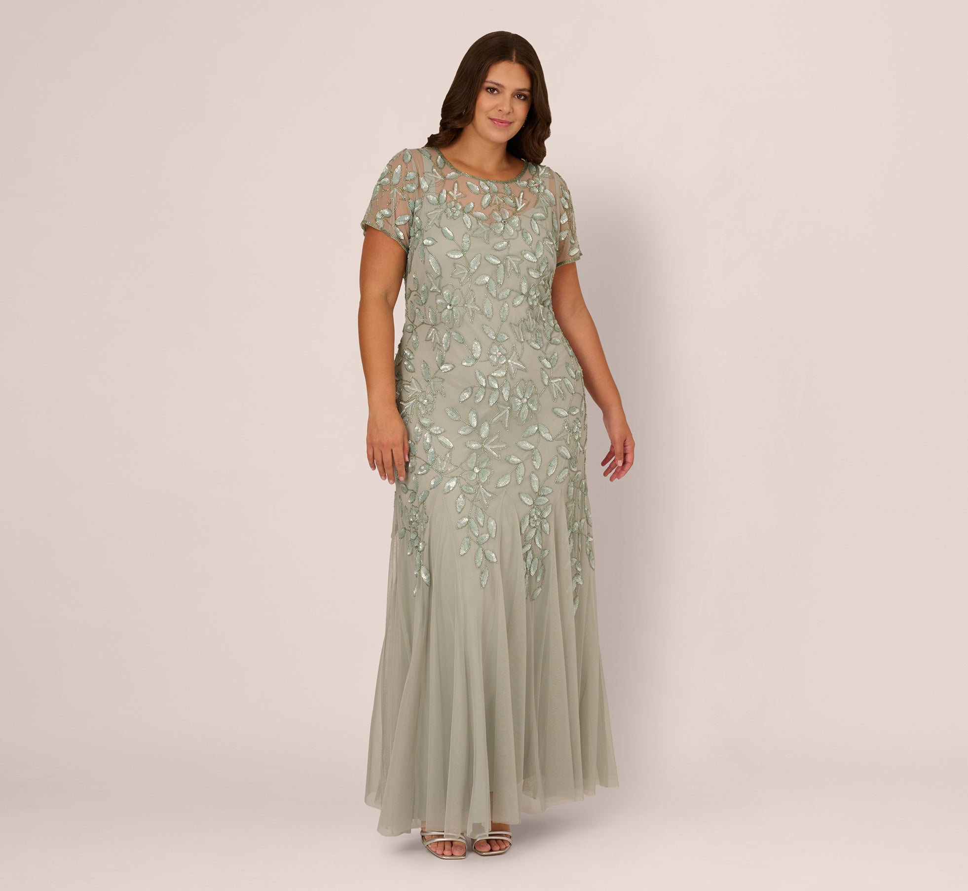 Plus Size Hand Beaded Short Sleeve Floral Godet Gown In Frosted Sage