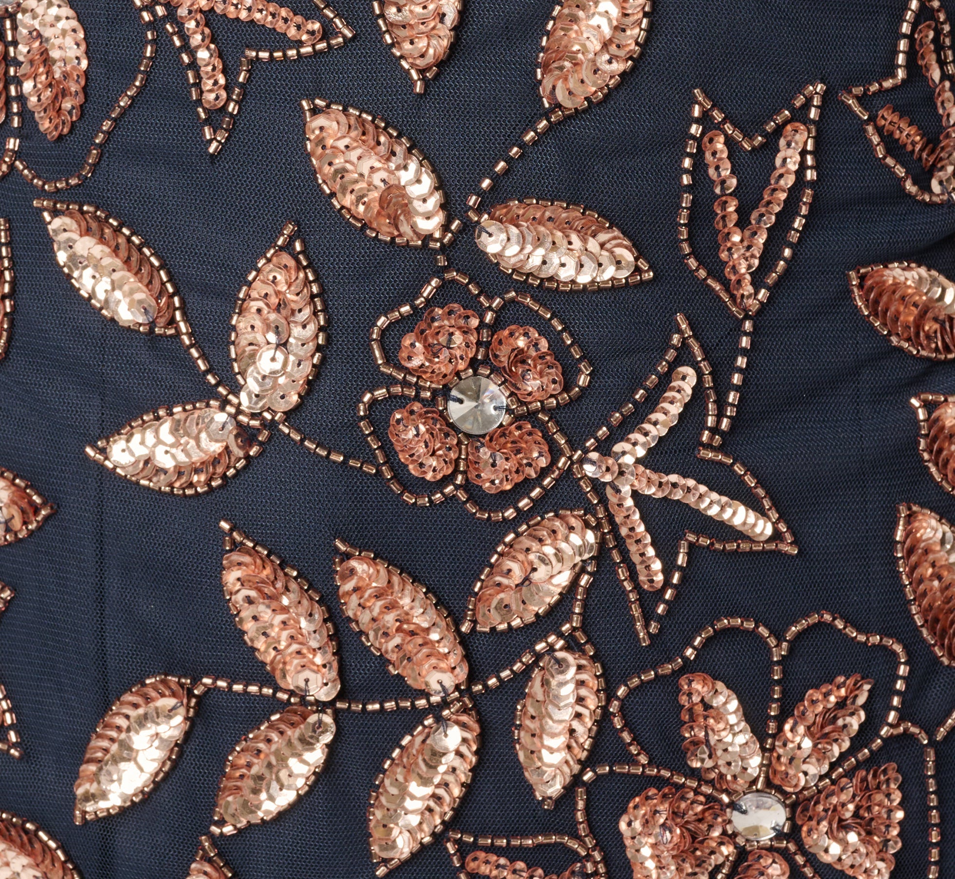 Petite Hand Beaded Short Sleeve Floral Godet Gown In Navy Rosegold