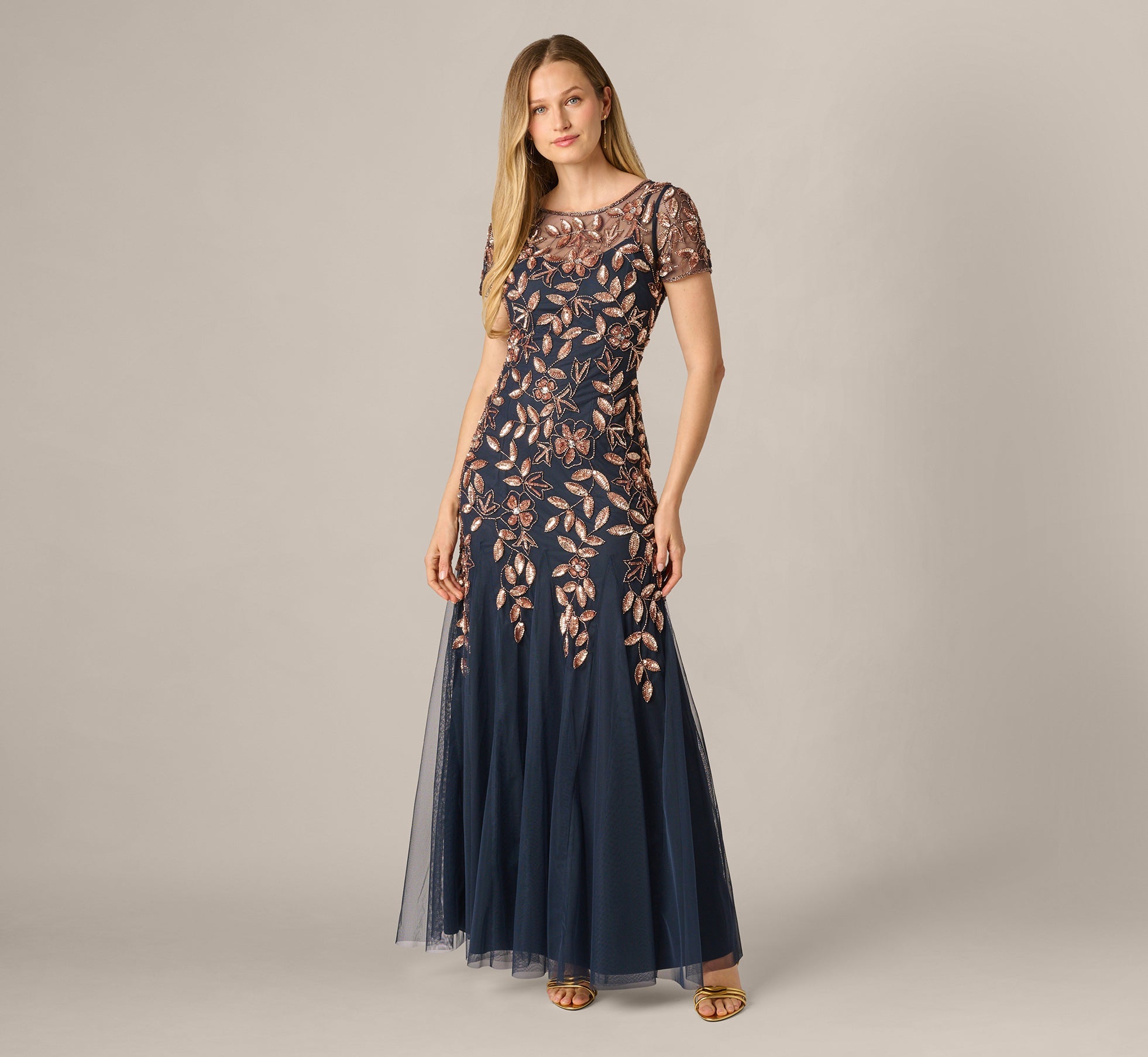 Petite Hand Beaded Short Sleeve Floral Godet Gown In Navy Rosegold