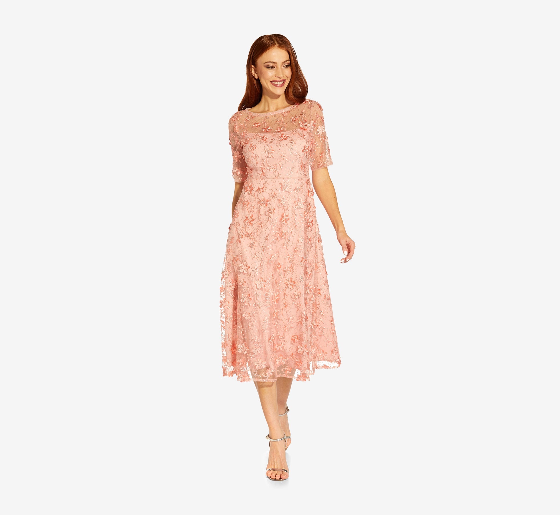 3D Floral Embroidered And Hand-Sequined Tea-Length Fit-And Flare Cocktail Dress In Peach Blossom