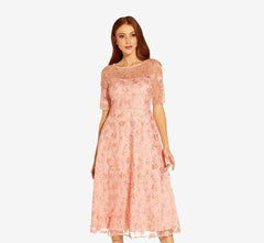 3D Floral Embroidered And Hand-Sequined Tea-Length Fit-And Flare Cocktail Dress In Peach Blossom