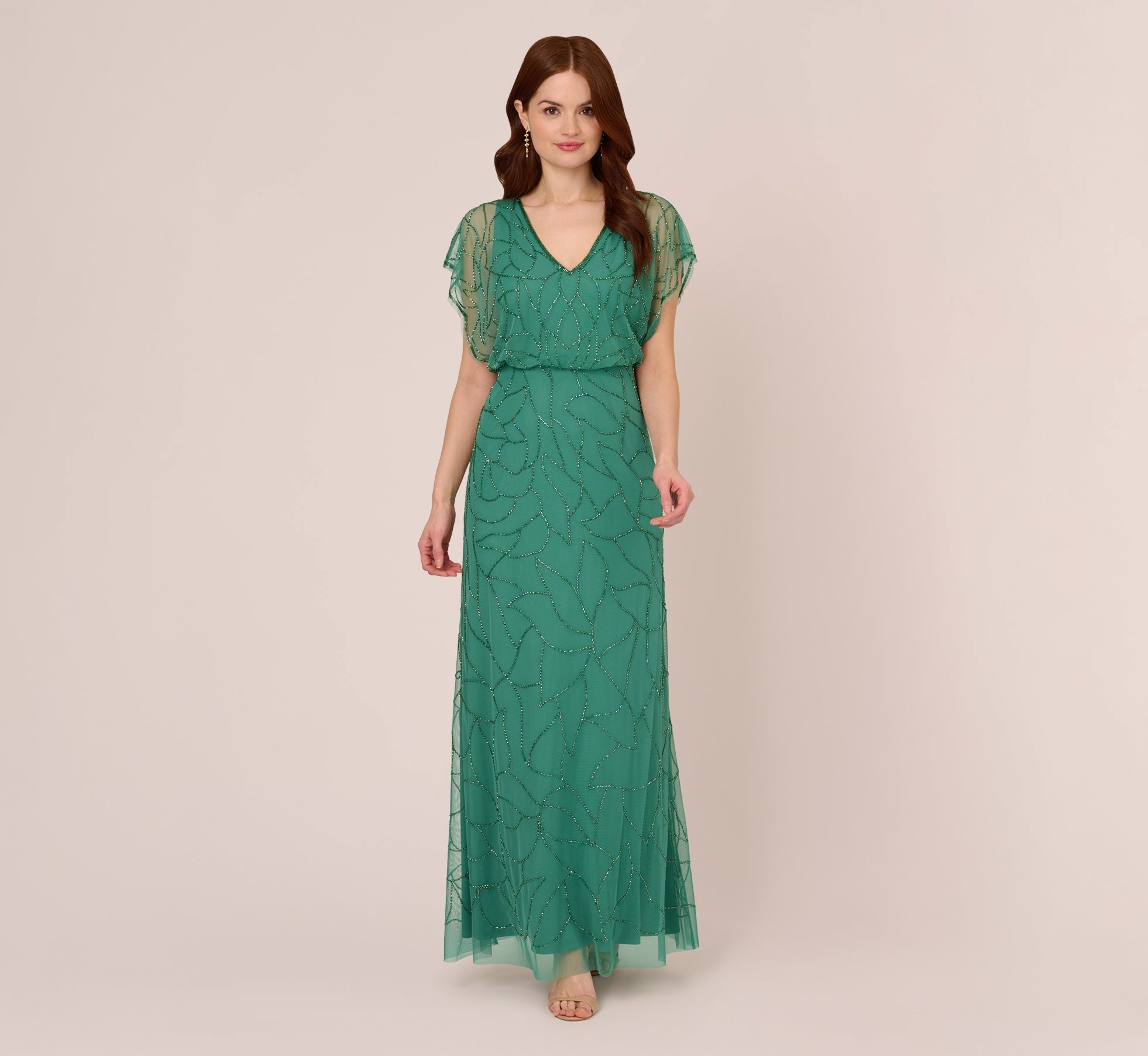 Beaded Blouson Mermaid Gown With Sheer Dolman Sleeves In Jungle Green