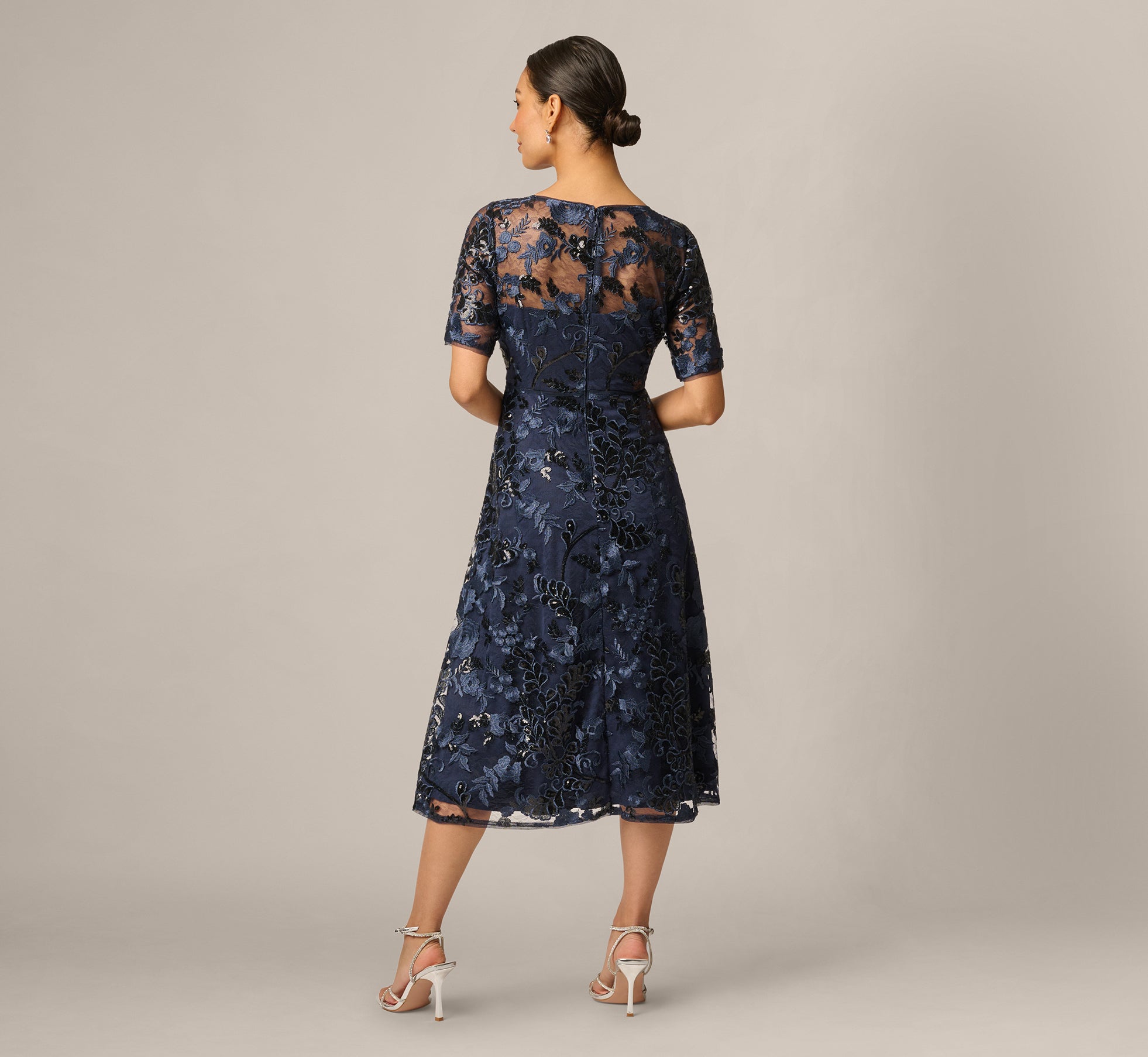 Petite Sequin Embroidered Midi Dress With Sheer Short Sleeves In Navy