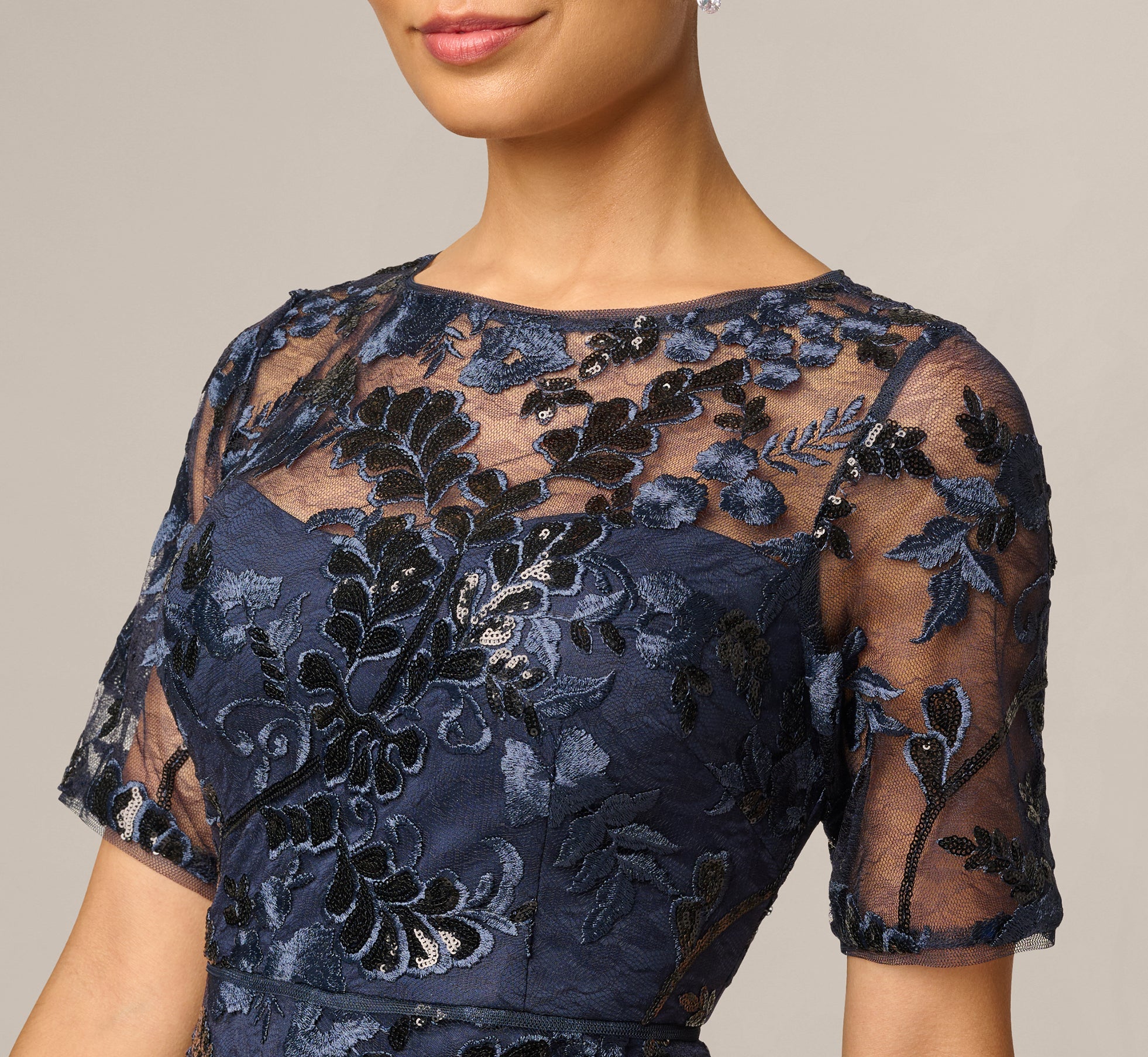 Petite Sequin Embroidered Midi Dress With Sheer Short Sleeves In Navy