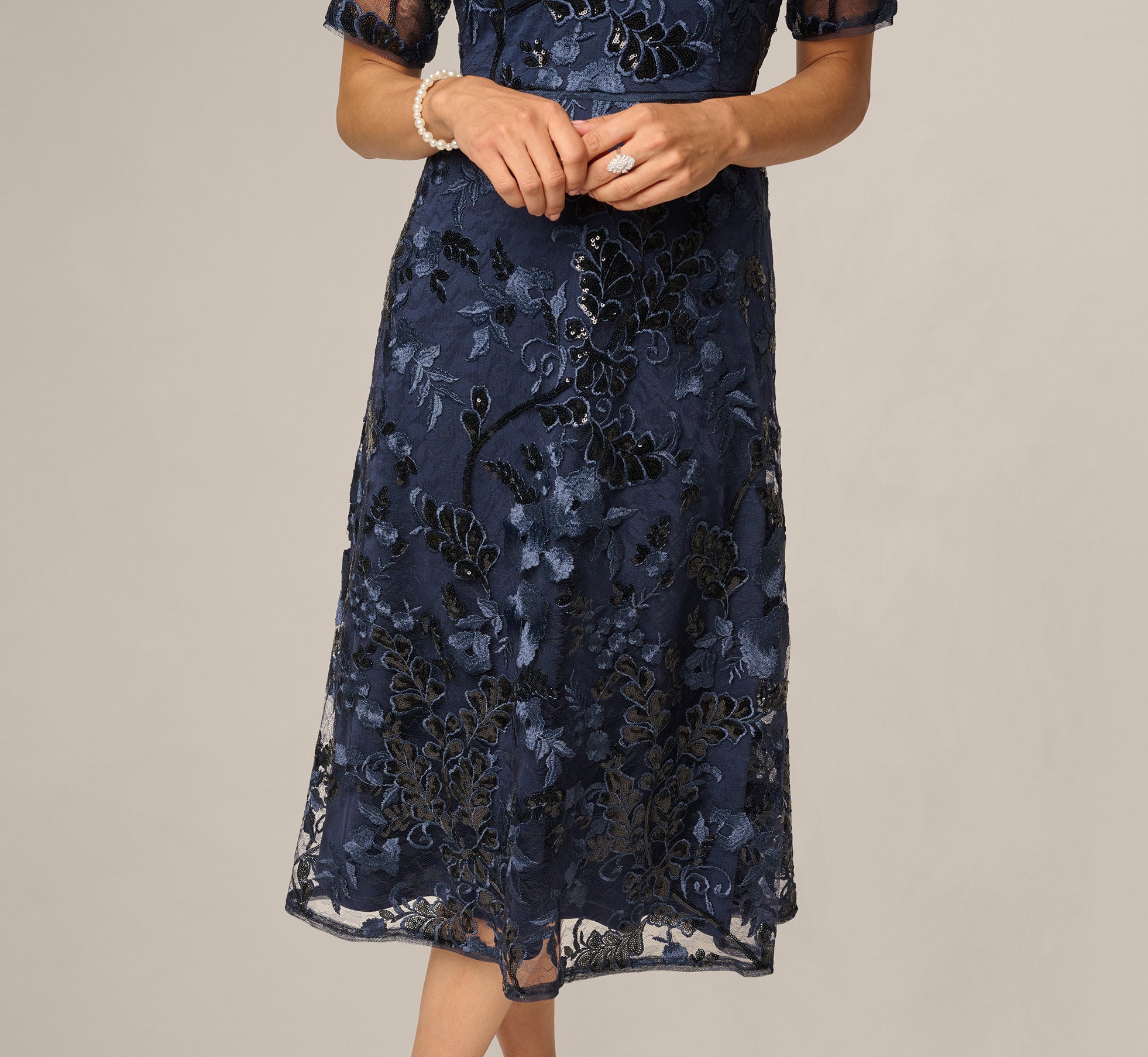 Petite Sequin Embroidered Midi Dress With Sheer Short Sleeves In Navy