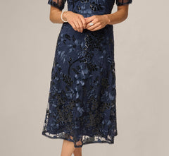 Petite Sequin Embroidered Midi Dress With Sheer Short Sleeves In Navy