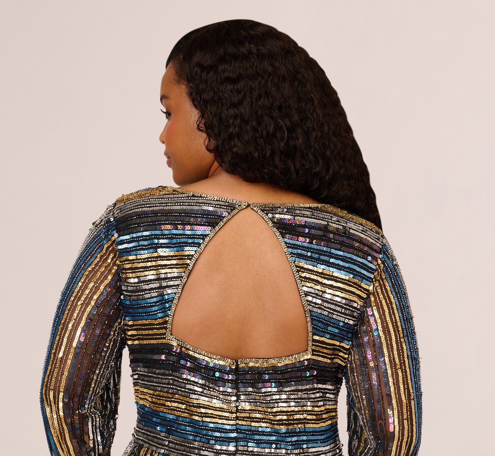 Plus Size Sequin Beaded Sheath Dress With Sheer Long Sleeves In Black Blue Multi