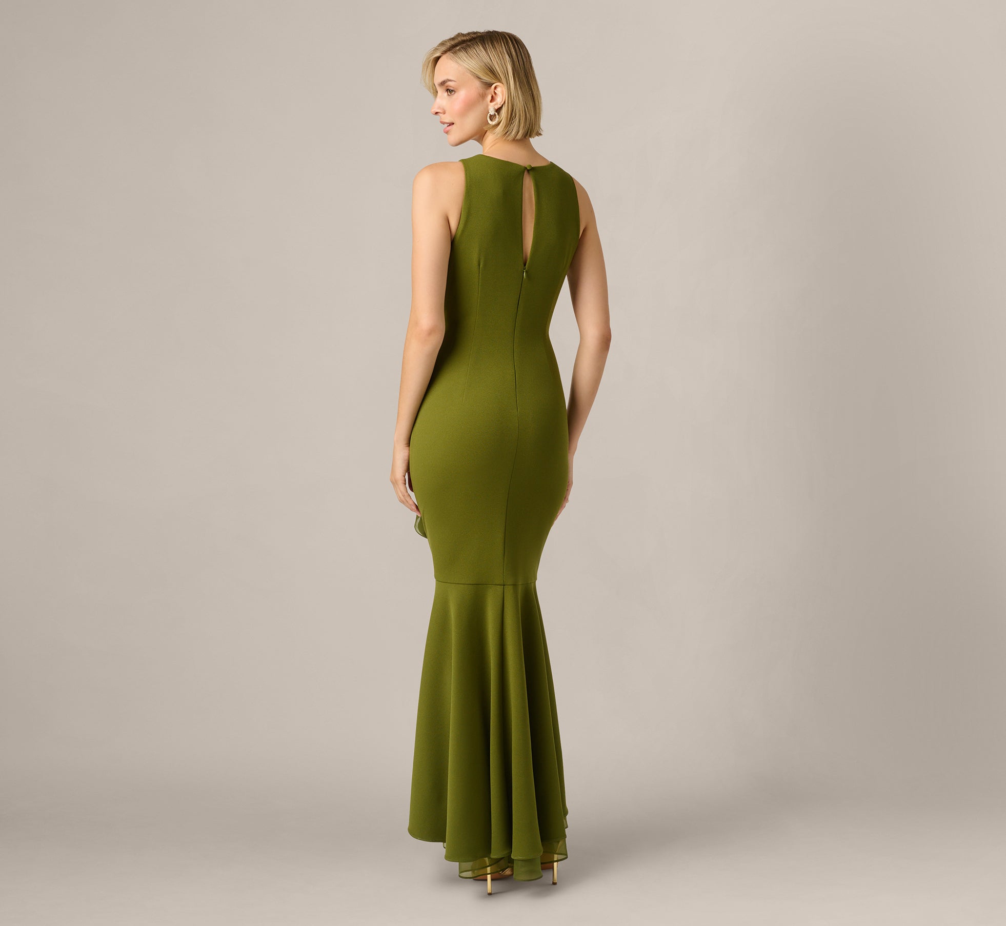 High Low Crepe Halter Gown With Organza Draping In Jungle Olive