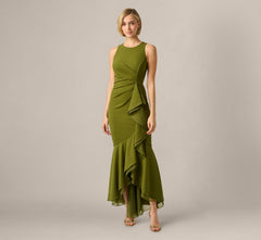 High Low Crepe Halter Gown With Organza Draping In Jungle Olive