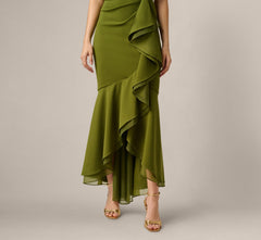 High Low Crepe Halter Gown With Organza Draping In Jungle Olive