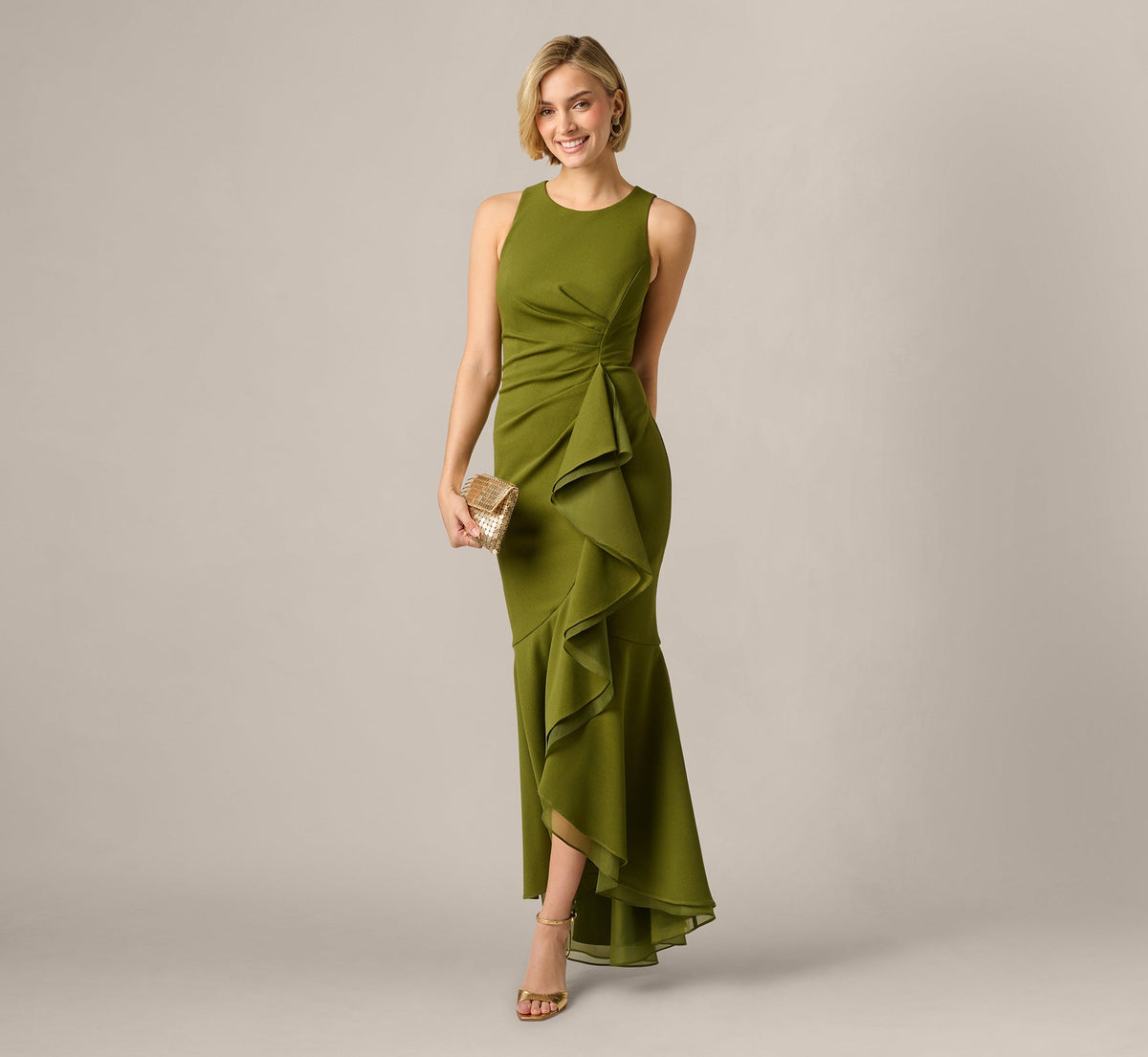 High Low Crepe Halter Gown With Organza Draping In Jungle Olive