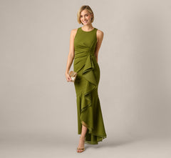 High Low Crepe Halter Gown With Organza Draping In Jungle Olive