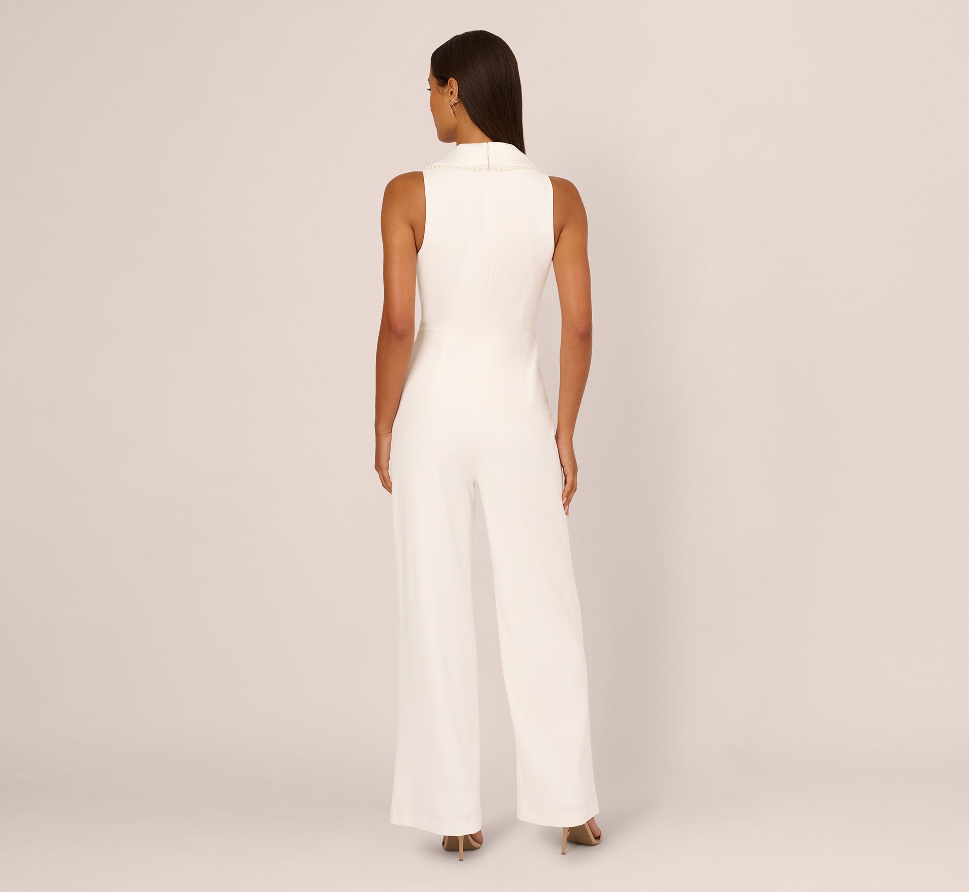 Sleeveless Crepe Tuxedo Jumpsuit With Pearl Trim In Ivory