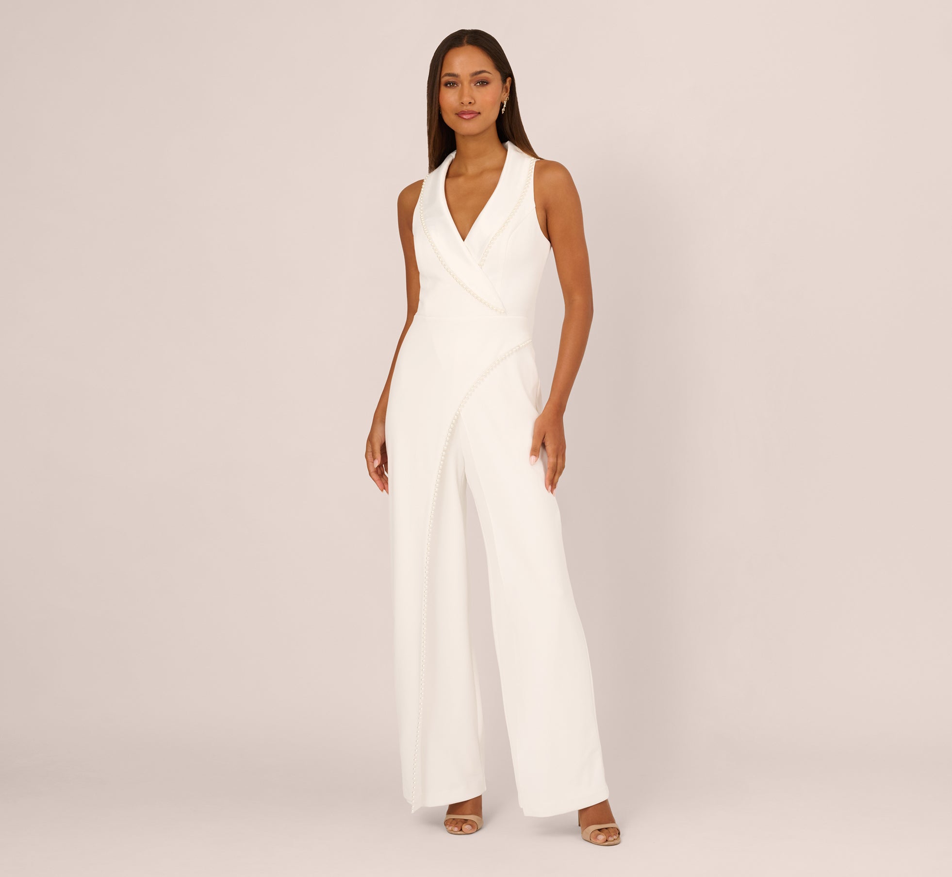 Sleeveless Crepe Tuxedo Jumpsuit With Pearl Trim In Ivory