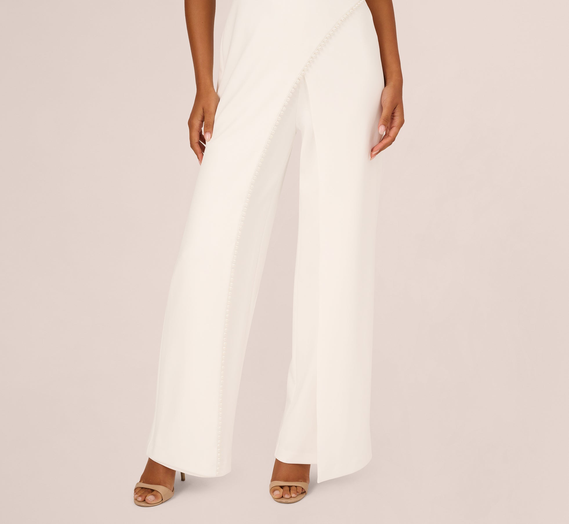 Sleeveless Crepe Tuxedo Jumpsuit With Pearl Trim In Ivory