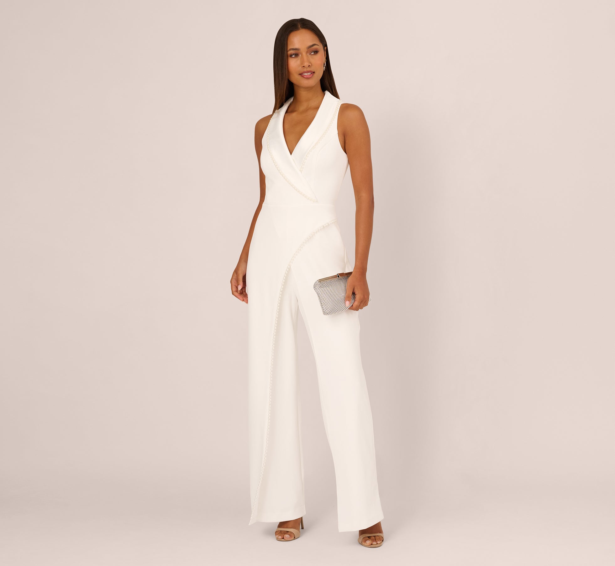 Sleeveless Crepe Tuxedo Jumpsuit With Pearl Trim In Ivory