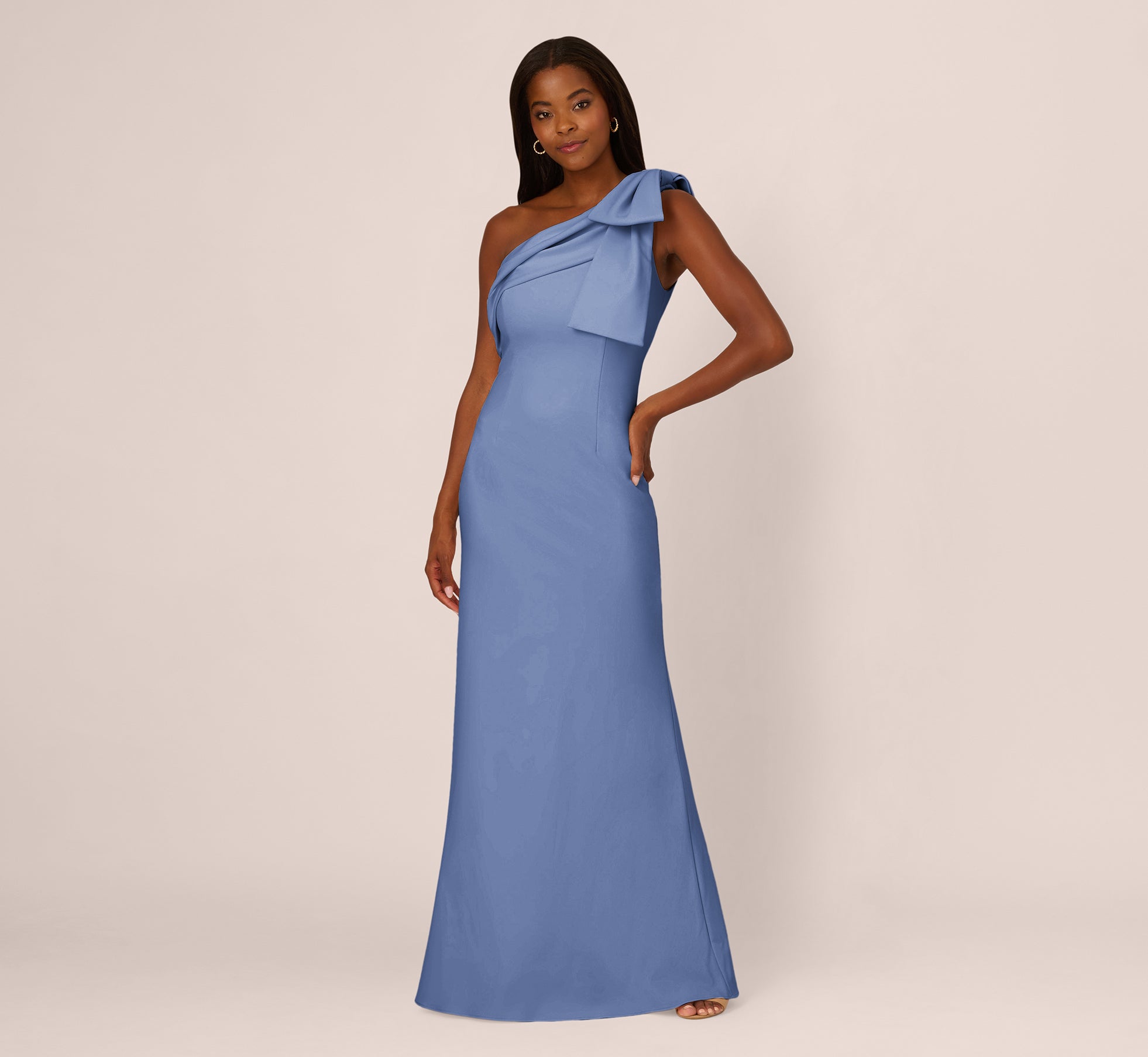 Stretch Crepe One Shoulder Mermaid Gown With Bow Accent In French Blue