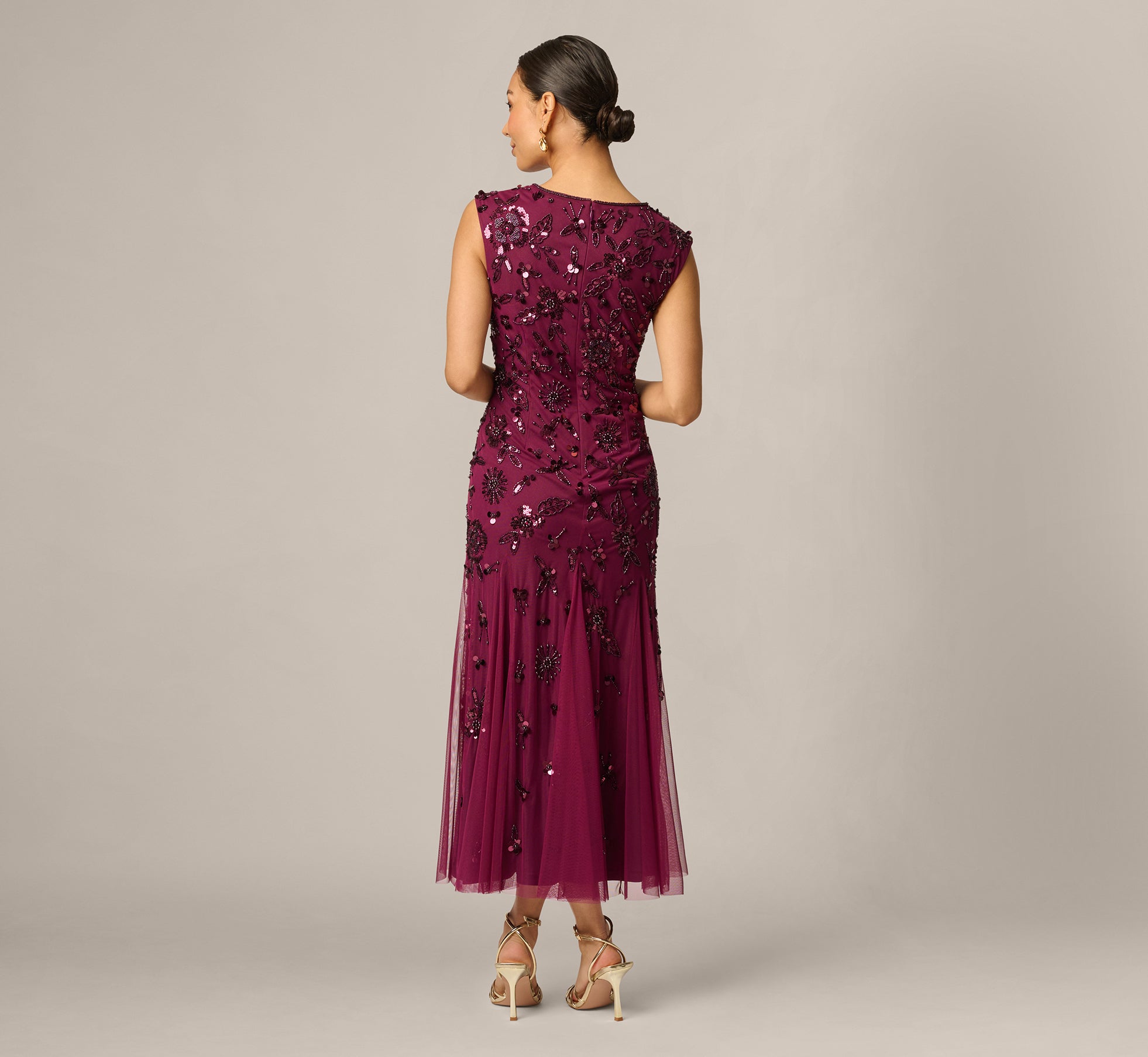 Petite Floral Beaded Ankle Length Gown In Bordeaux