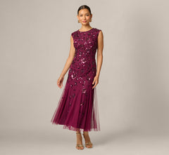 Petite Floral Beaded Ankle Length Gown In Bordeaux