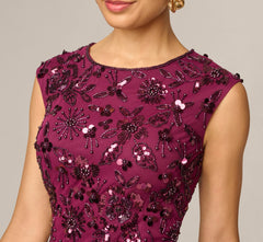 Petite Floral Beaded Ankle Length Gown In Bordeaux