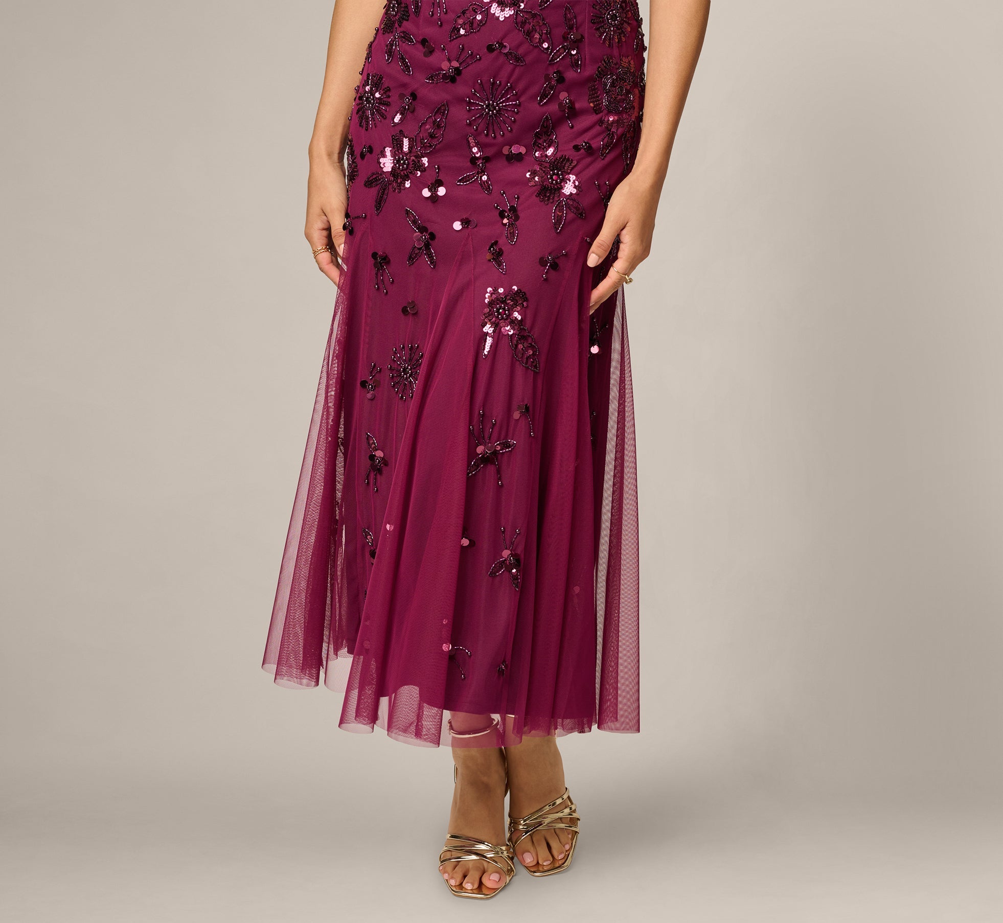 Petite Floral Beaded Ankle Length Gown In Bordeaux
