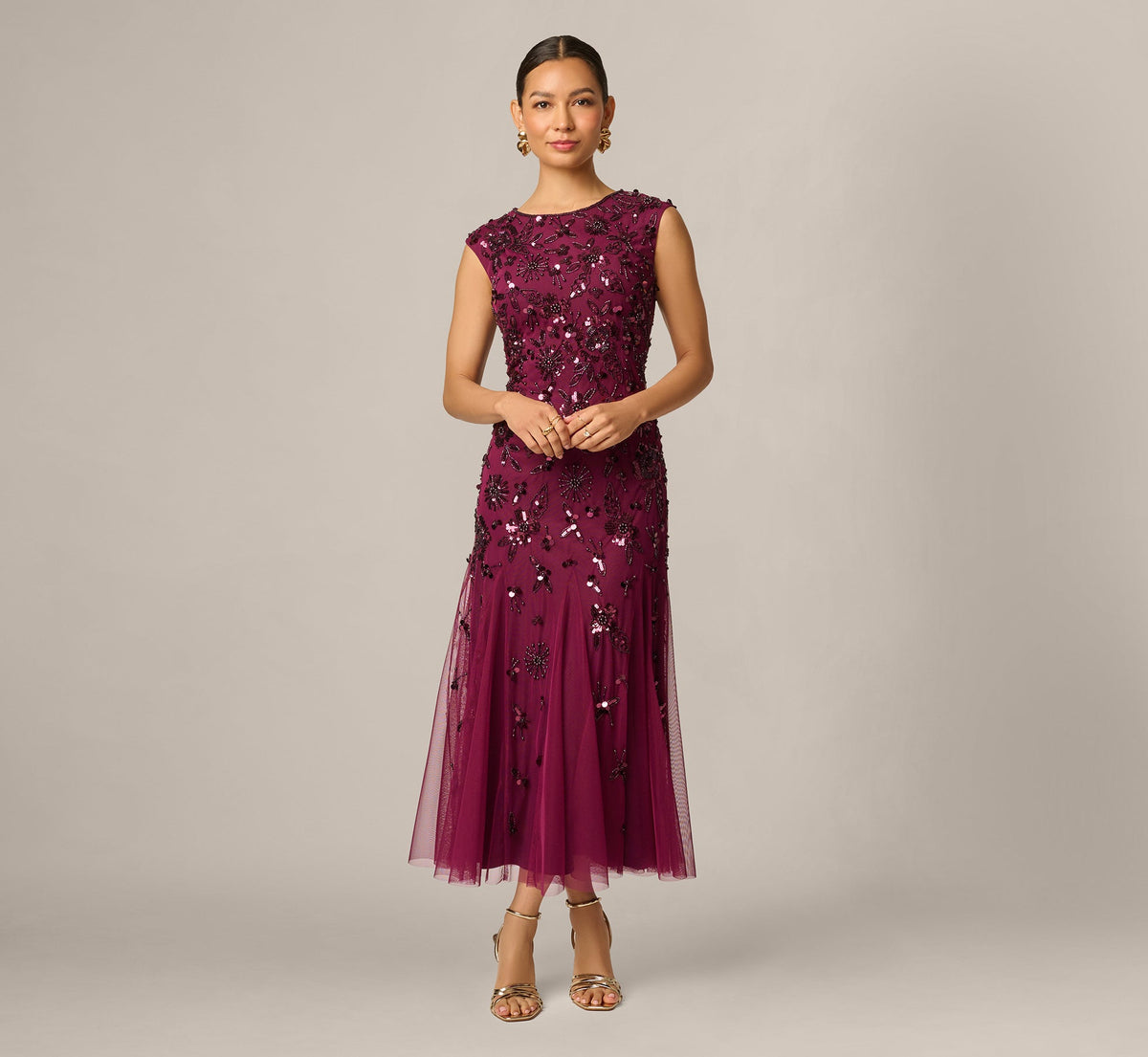 Petite Floral Beaded Ankle Length Gown In Bordeaux