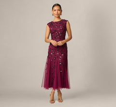 Petite Floral Beaded Ankle Length Gown In Bordeaux