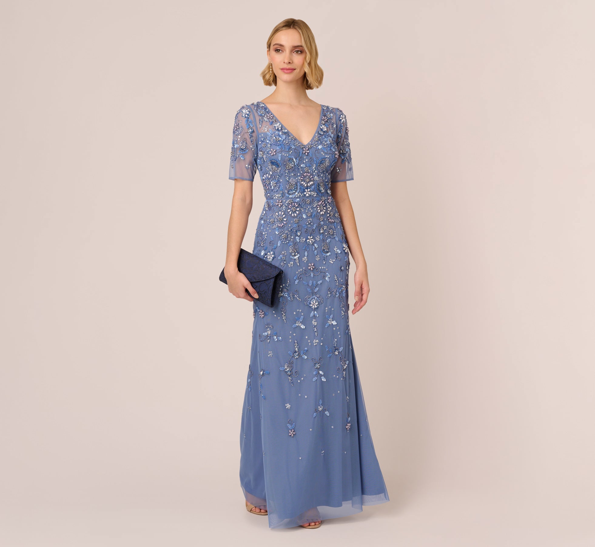 3D Floral Beaded Mermaid Gown With Sheer Short Sleeves In French Blue