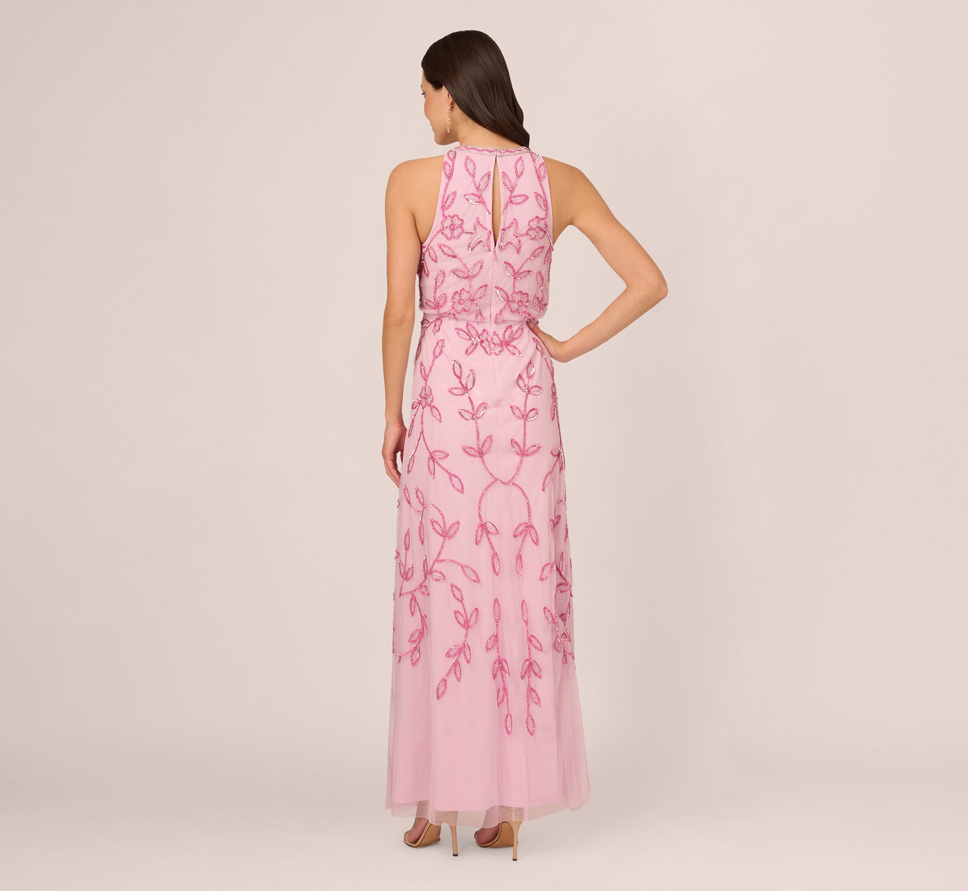 Sleeveless Blouson Mermaid Gown With Jasmine Beading In Pink Lace