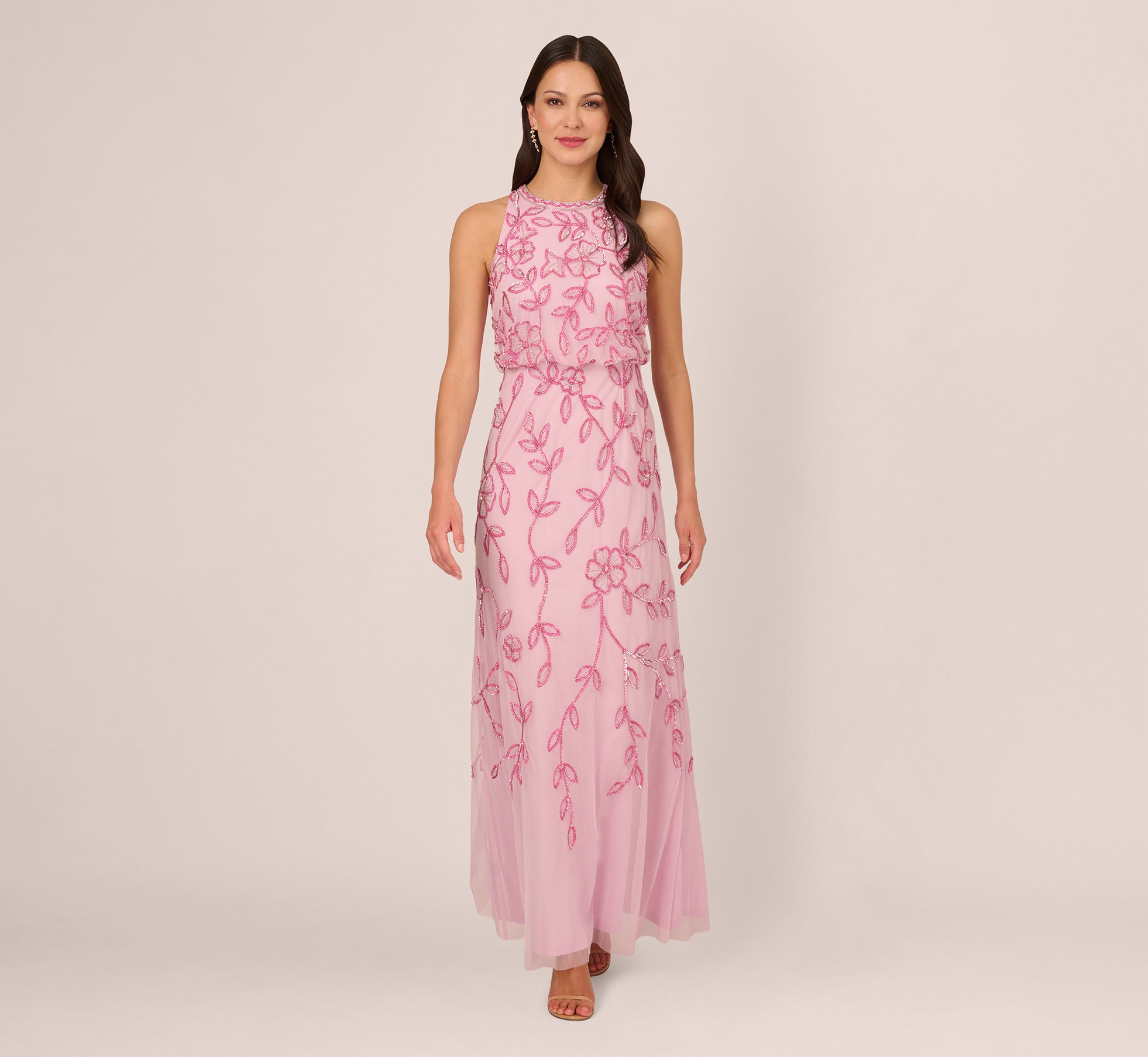 Sleeveless Blouson Mermaid Gown With Jasmine Beading In Pink Lace