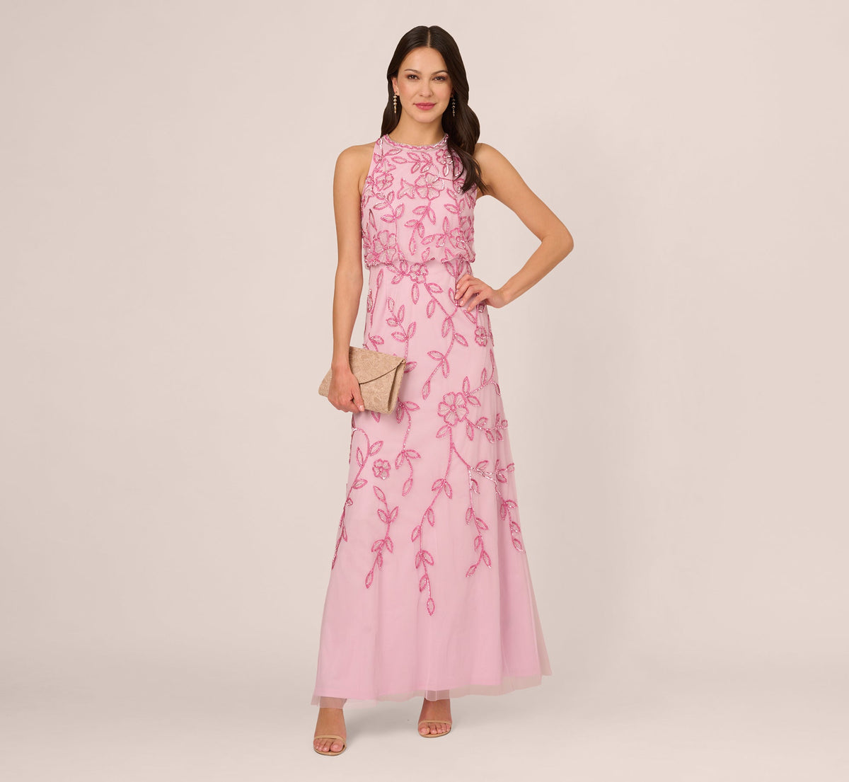 Sleeveless Blouson Mermaid Gown With Jasmine Beading In Pink Lace