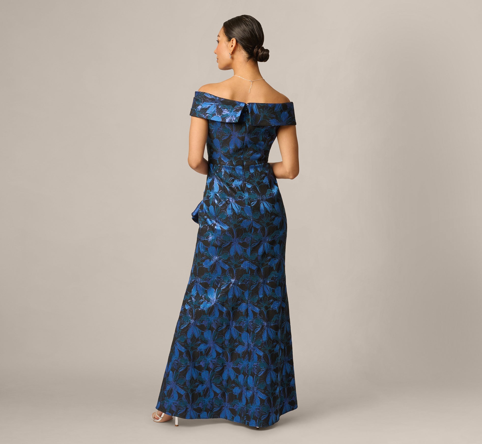 Petite Off Shoulder Jacquard Gown In Blue Multi